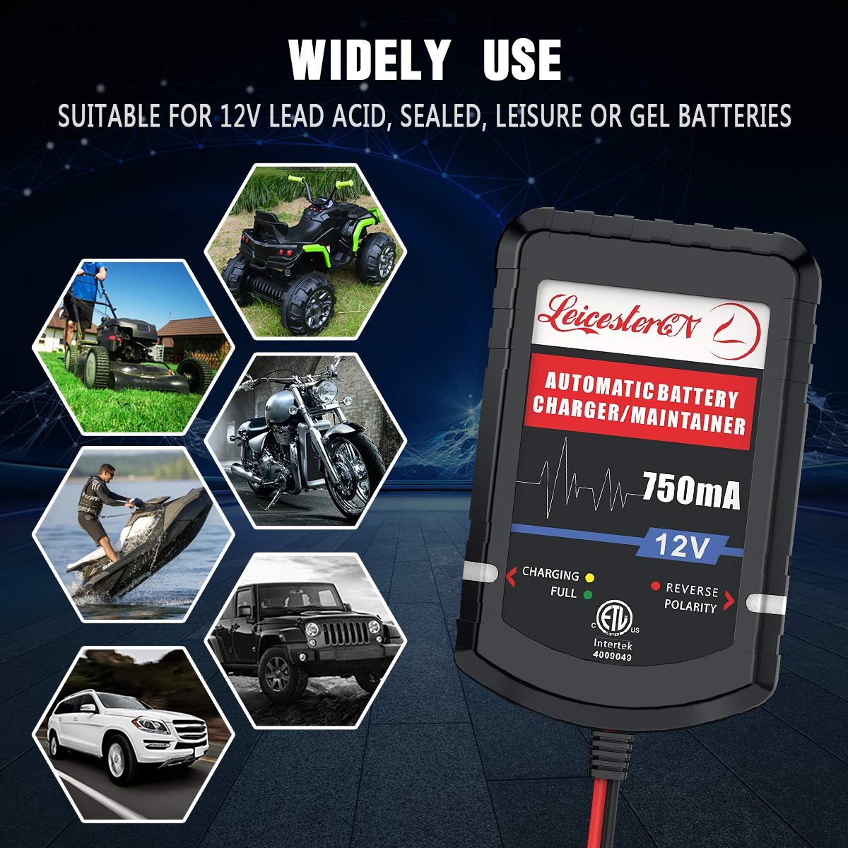 LEICESTERCN 12V 750mA Smart Battery Charger for Car, Motorcycle, Boat - Auto Maintenance & Long Storage