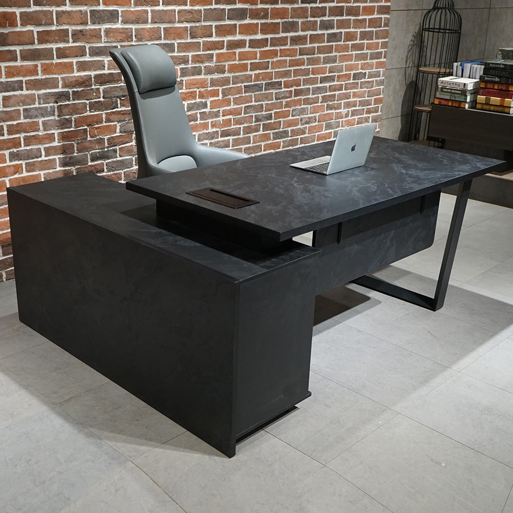 ADRIANO Black Executive Office Desk - Reversible 165-180cm, Black Concrete Finish - Perfect for Home Office, Conference Room & Modern Workspace