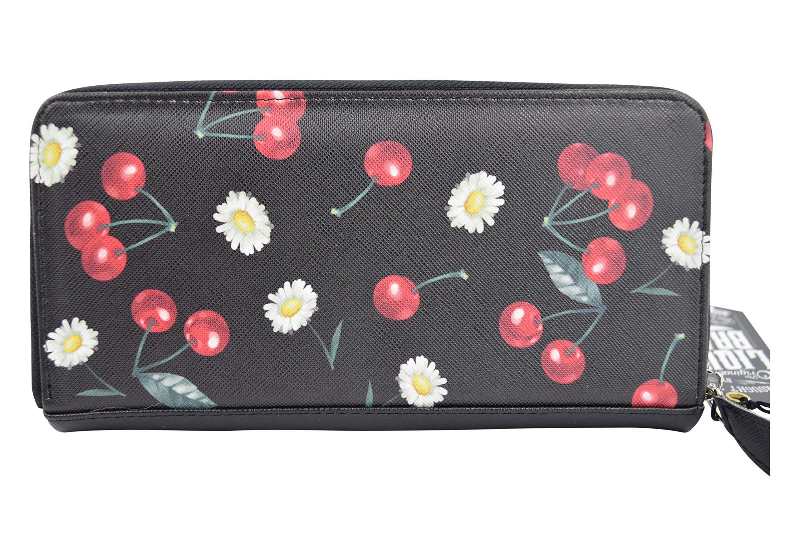 Cherry Daisy Black Zipper Wallet for Women - Stylish & Compact Leather Wallet with Multiple Card Slots - Perfect for Everyday Use, Travel, and Gifting