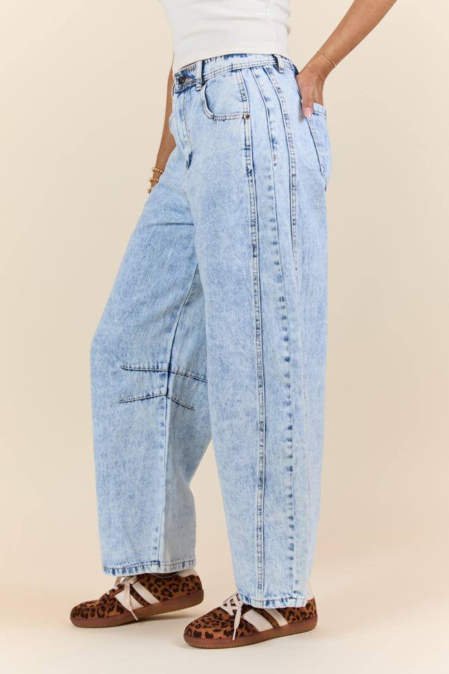 Bella Light Wash Pull On Barrel Jeans for Women - Comfortable Stretch Denim Pants with Elastic Waist, Casual & Chic Style for Everyday Wear, Work, or Weekend Outings