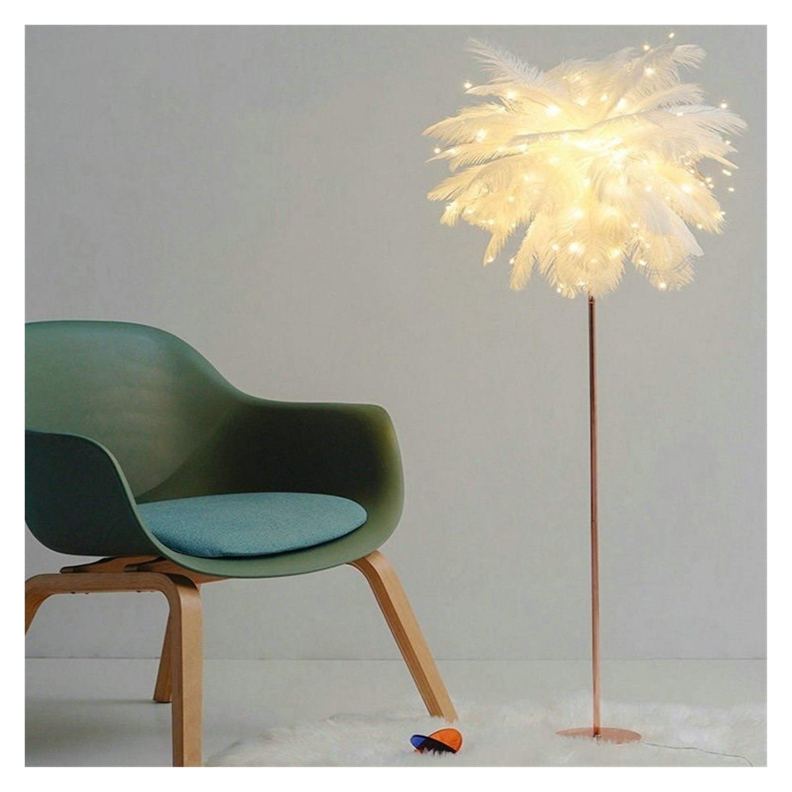 Remote Control Floor Lamp - Rose Gold Tree Shape with White Feather Shade for Bedroom, Living Room & Study | Adjustable Brightness & DIY Design | Perfect for Reading, Relaxing & Decor