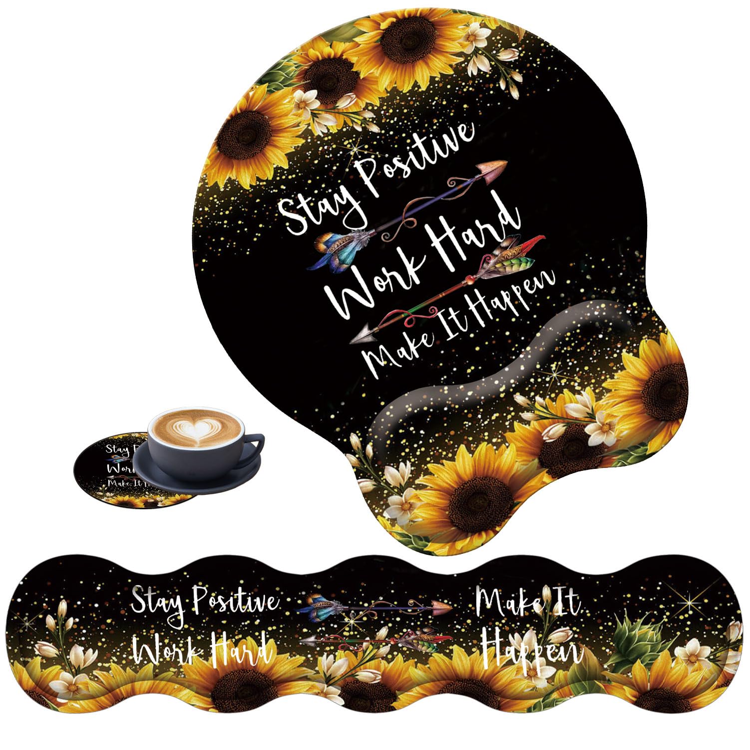 3 in 1 Ergonomic Keyboard Wrist Rest + Mouse Pad & Coaster Set - Comfortable Gel Cushion for Pain Relief, Lightweight Design for Easy Typing (Sunflower Inspirational Quote) - Perfect for Office, Home & Gaming Workspaces