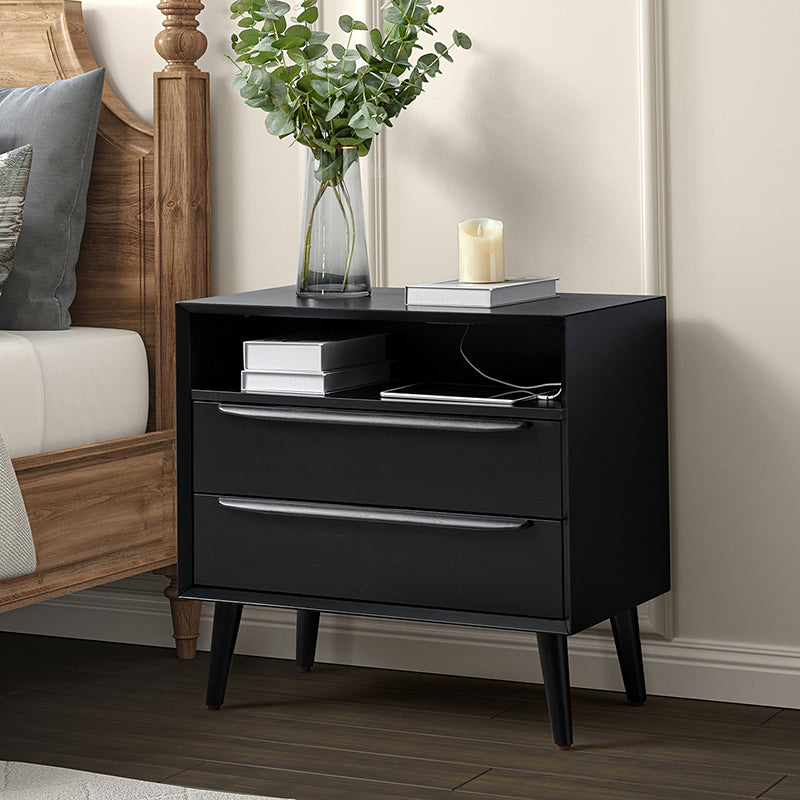 Mid Century Modern Nightstand with 2 Drawers & Built-in USB Outlets - Stylish Bedside Table for Bedroom, Living Room, or Office
