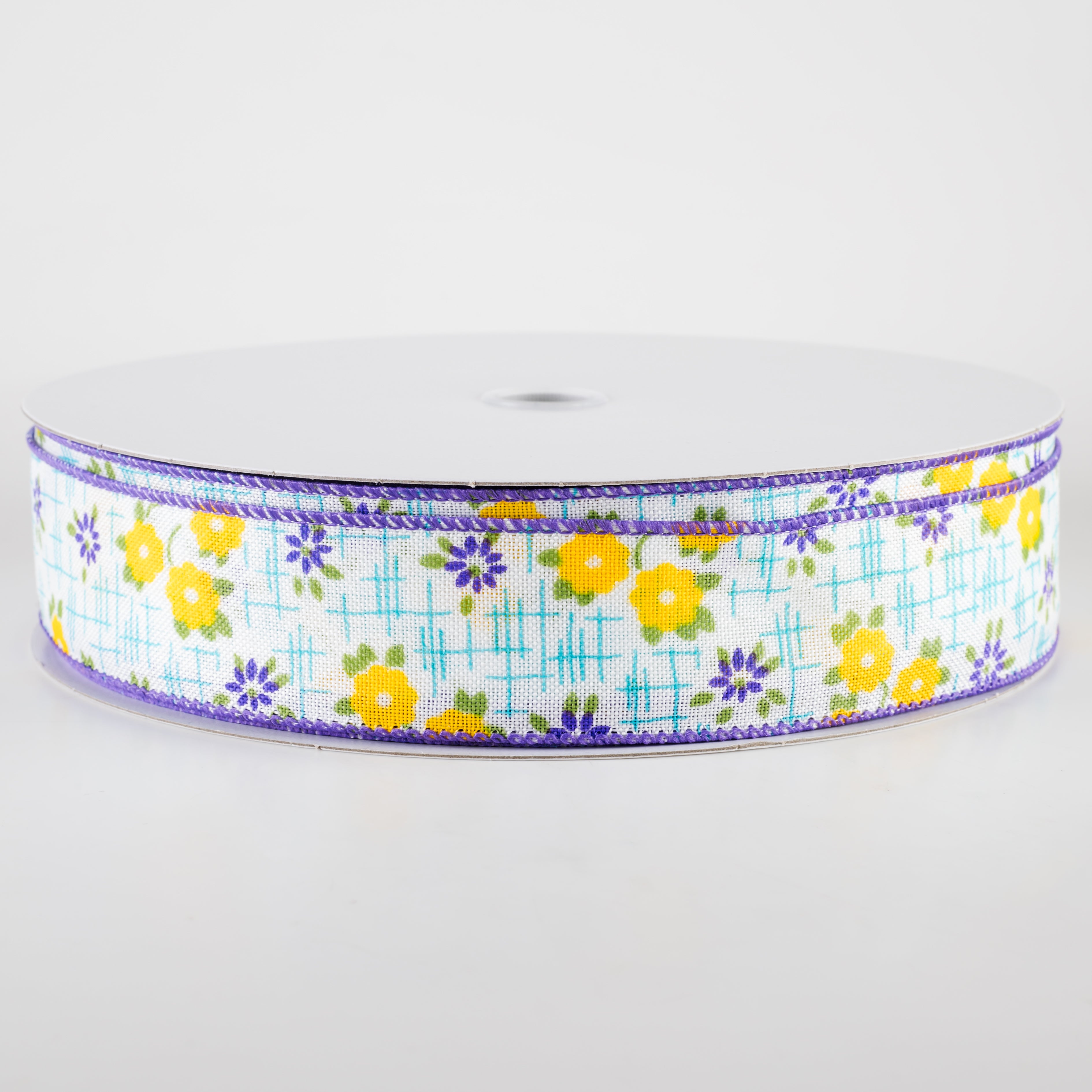 1.5 Inch Linen Textured Floral Ribbon - Purple, Yellow, Aqua Blue (50 Yards) for Gift Wrapping, DIY Crafts, Wedding Decorations and Scrapbooking