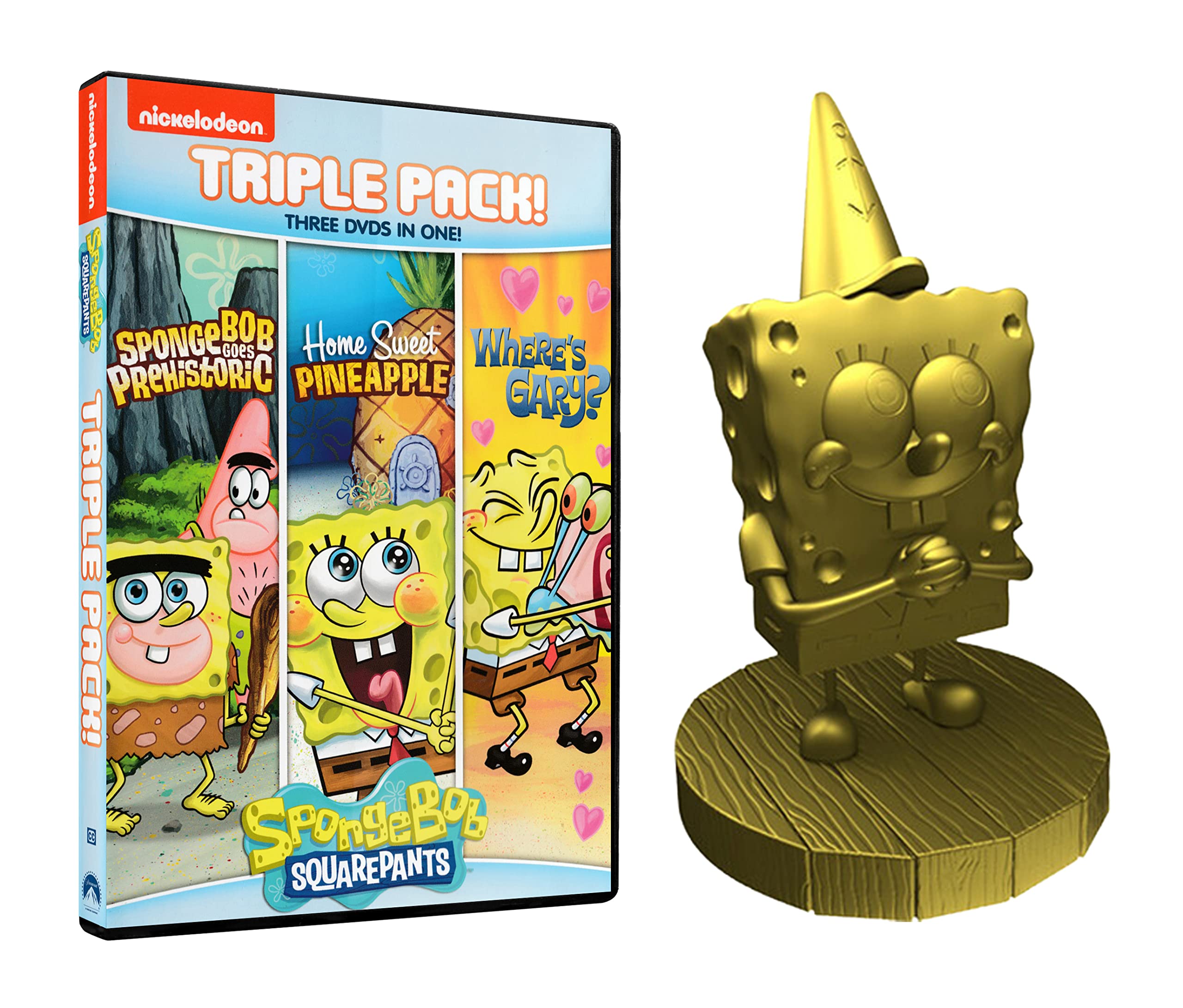 Spongebob Squarepants DVD Collection - Prehistoric Adventure, Home Sweet Pineapple & Where's Gary Episodes with Exclusive Gold Garden Gnome | Perfect for Kids' Entertainment and Collectible Gift