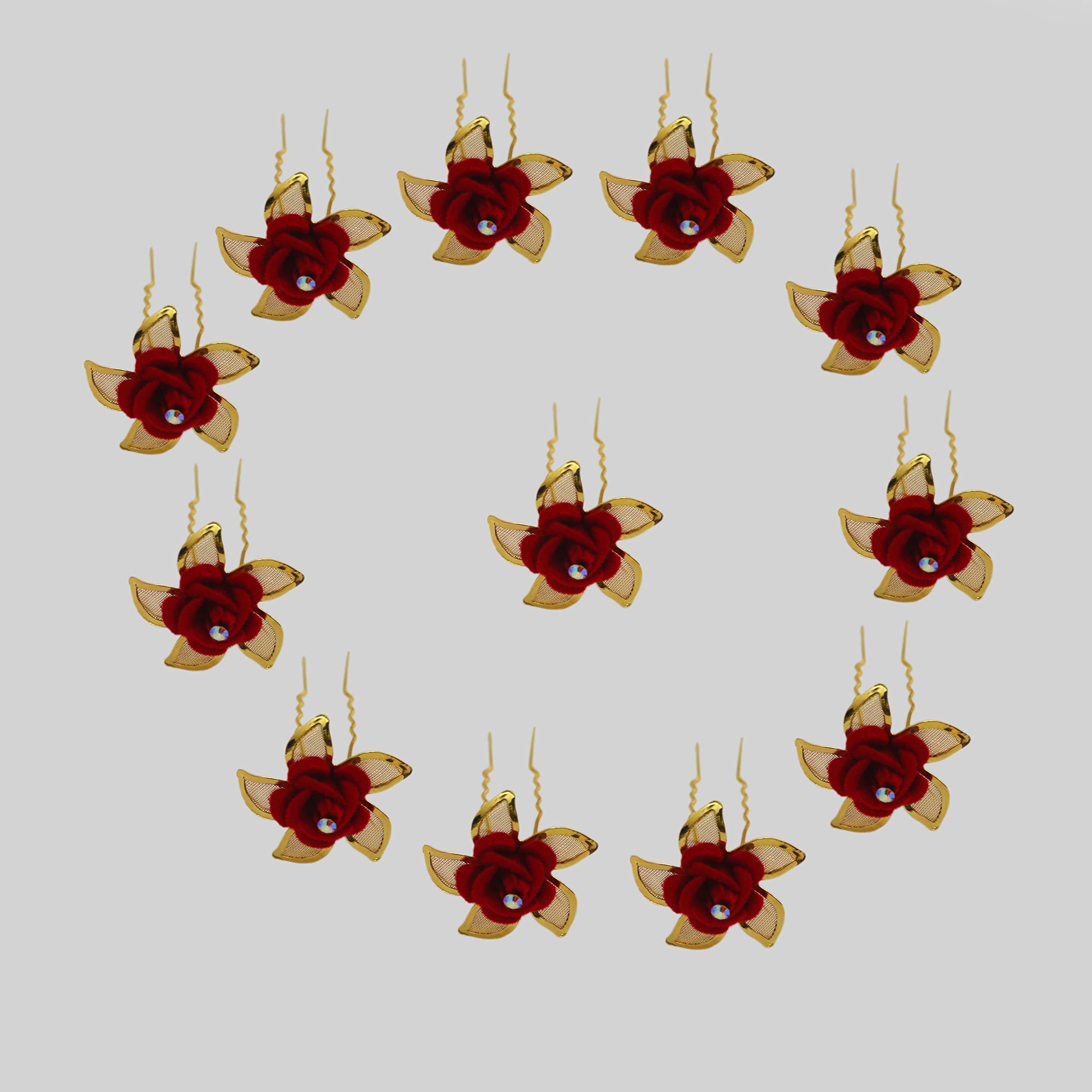 Paradise® Hair Pins for Women - Elegant Bridal Hair Accessories for Women & Girls - Large Juda Pins in Red & Gold - Perfect for Weddings, Prom & Special Occasions