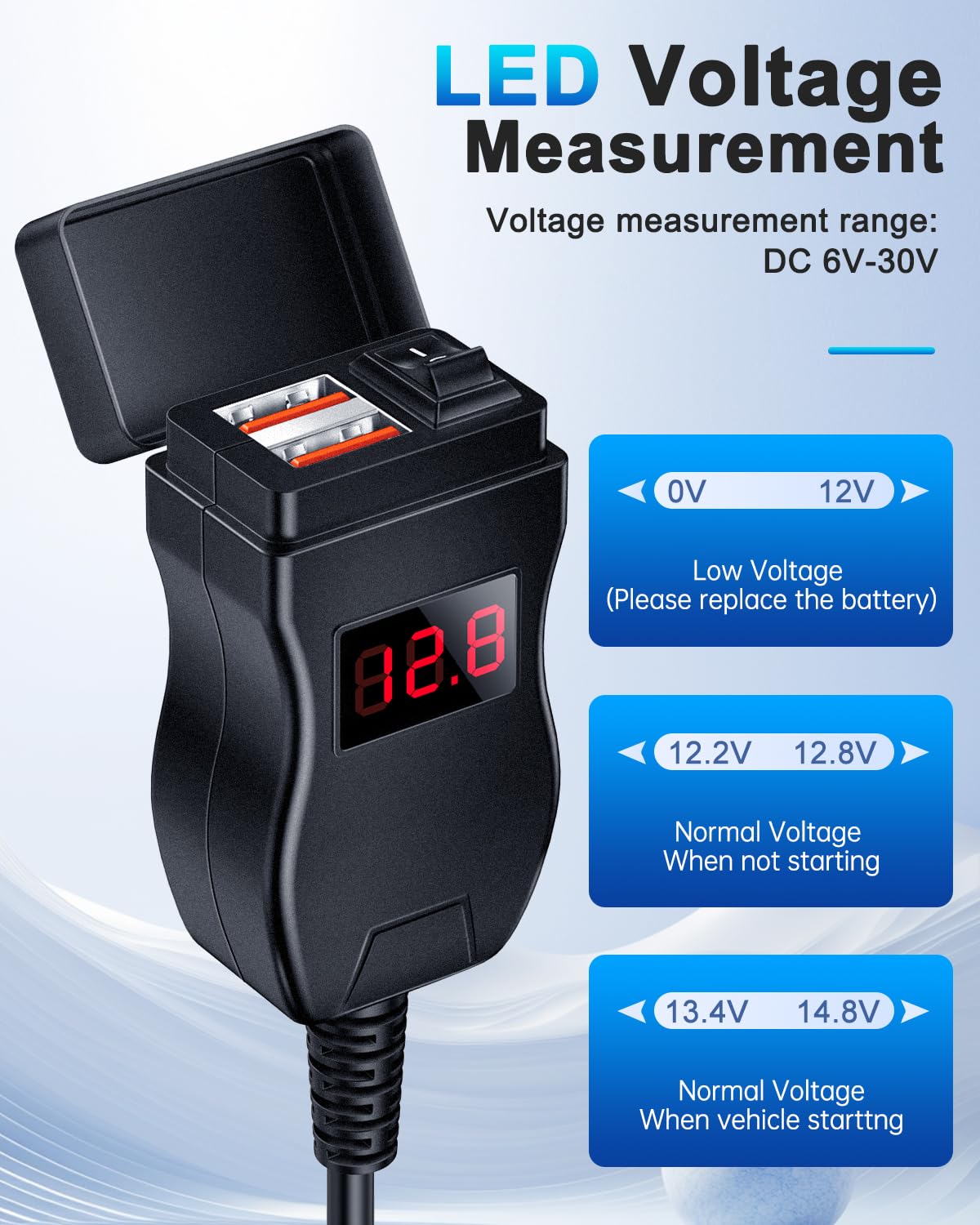 EXTRACTME Motorcycle USB Charger - Dual Port Quick Charge 3.0 with Voltmeter & ON/OFF Switch - Waterproof Phone Charger for Motorcycles - Compatible with iPhone, Android, Tablet & GPS Devices - Perfect for Road Trips, Commuting & Adventure Riding (Red)