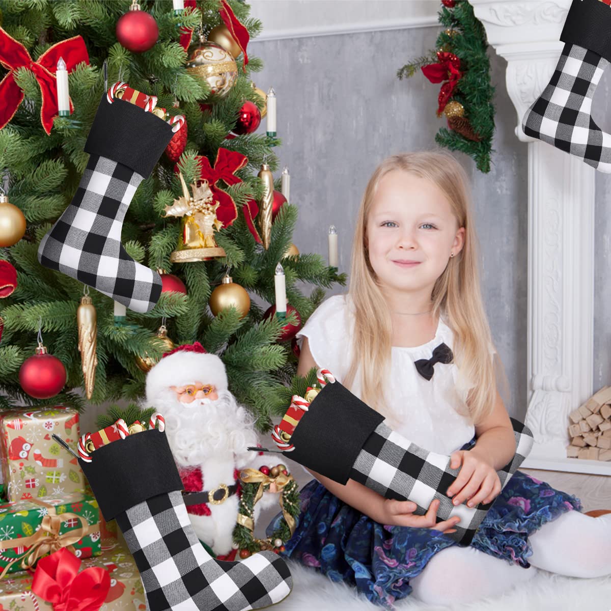 8 Pack Christmas Stockings - 18 Inch Buffalo Plaid Personalized Stockings for Family Holiday Decor, Xmas Party Supplies (Black Cuff/Black White Plaid) - Perfect for Fireplace Mantel, Gift Exchange & Festive Home Decor