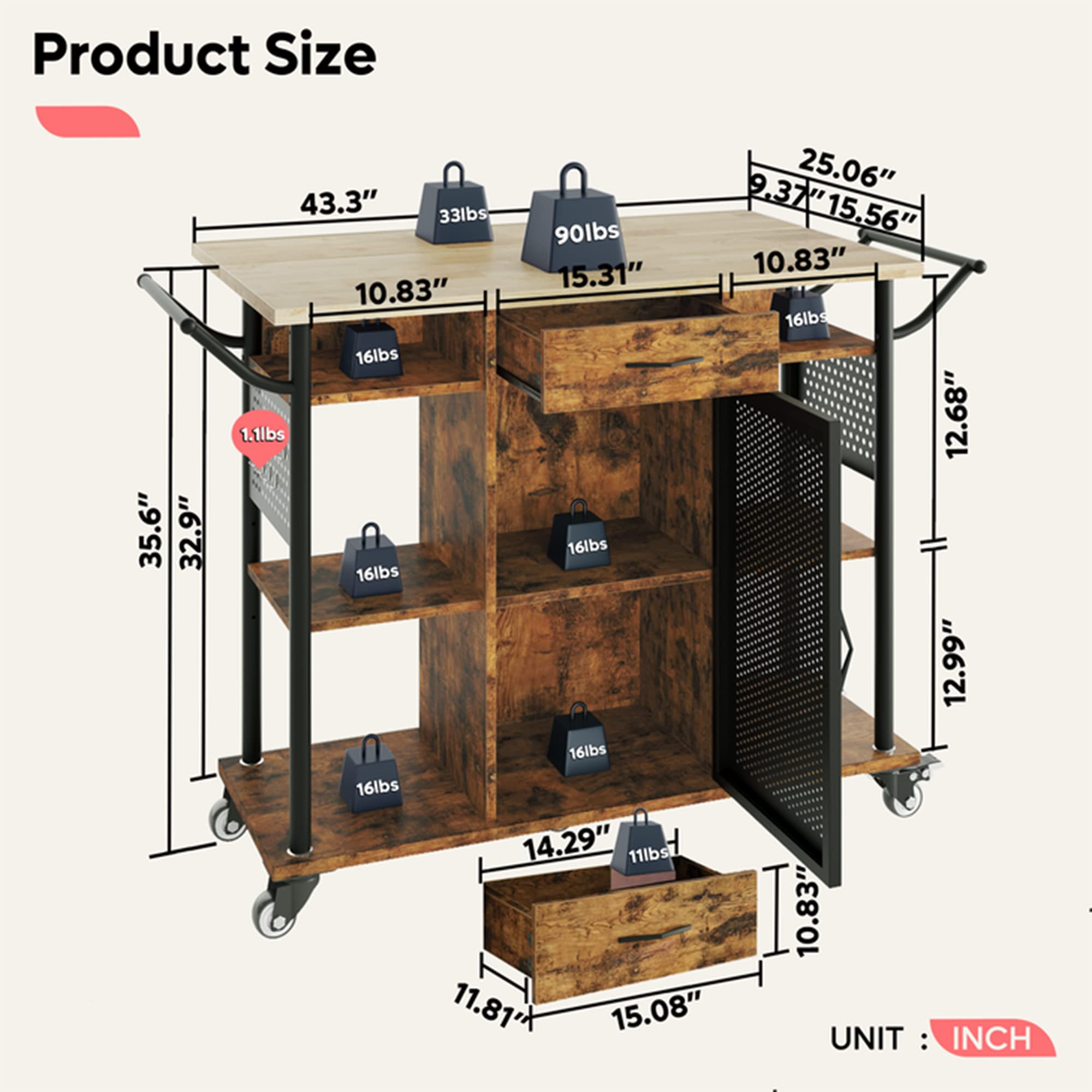 Bestier 6-Tier Rolling Kitchen Cart with Collapsible Extender - Storage Cabinet, Drawer & Side Handles - Mobile Utility Cart for Small Spaces - Perfect for Kitchen, Bathroom, Office or Dorm Organization (Brown)