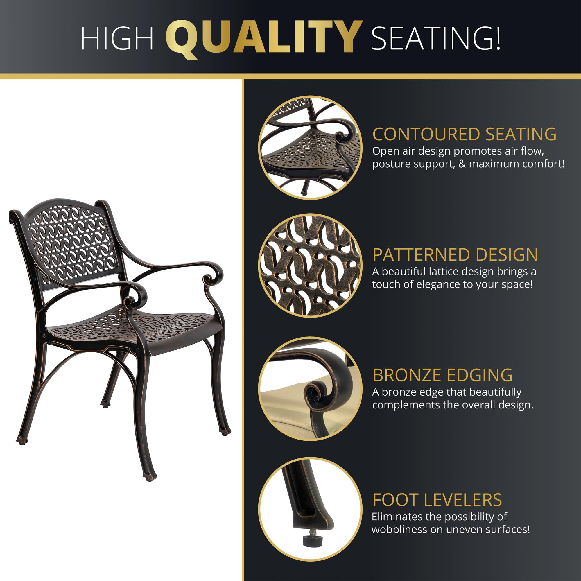 Kinger Home 5-Piece All-Weather Cast Aluminum Outdoor Dining Set - Round Patio Table & 4 Chairs with Cushions & Umbrella Hole - Perfect for Backyard, Garden, Poolside & Restaurant Outdoor Seating