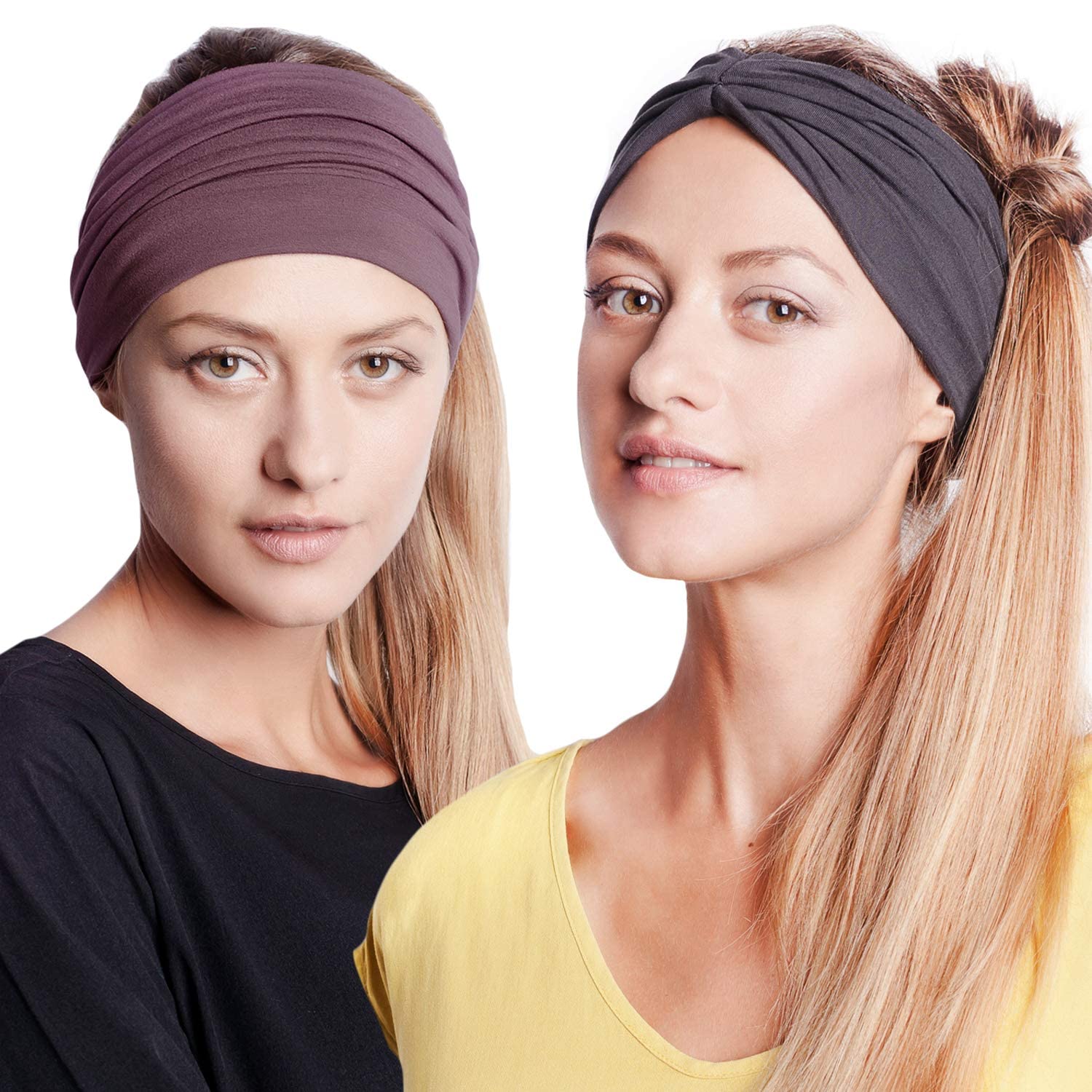 BLOM Non-Slip Wide Headbands for Women - Yoga, Workout, Running & Fashion Headbands - 2 Pack Multi-Style Gym Wraps - Perfect for Sports, Travel & Daily Wear