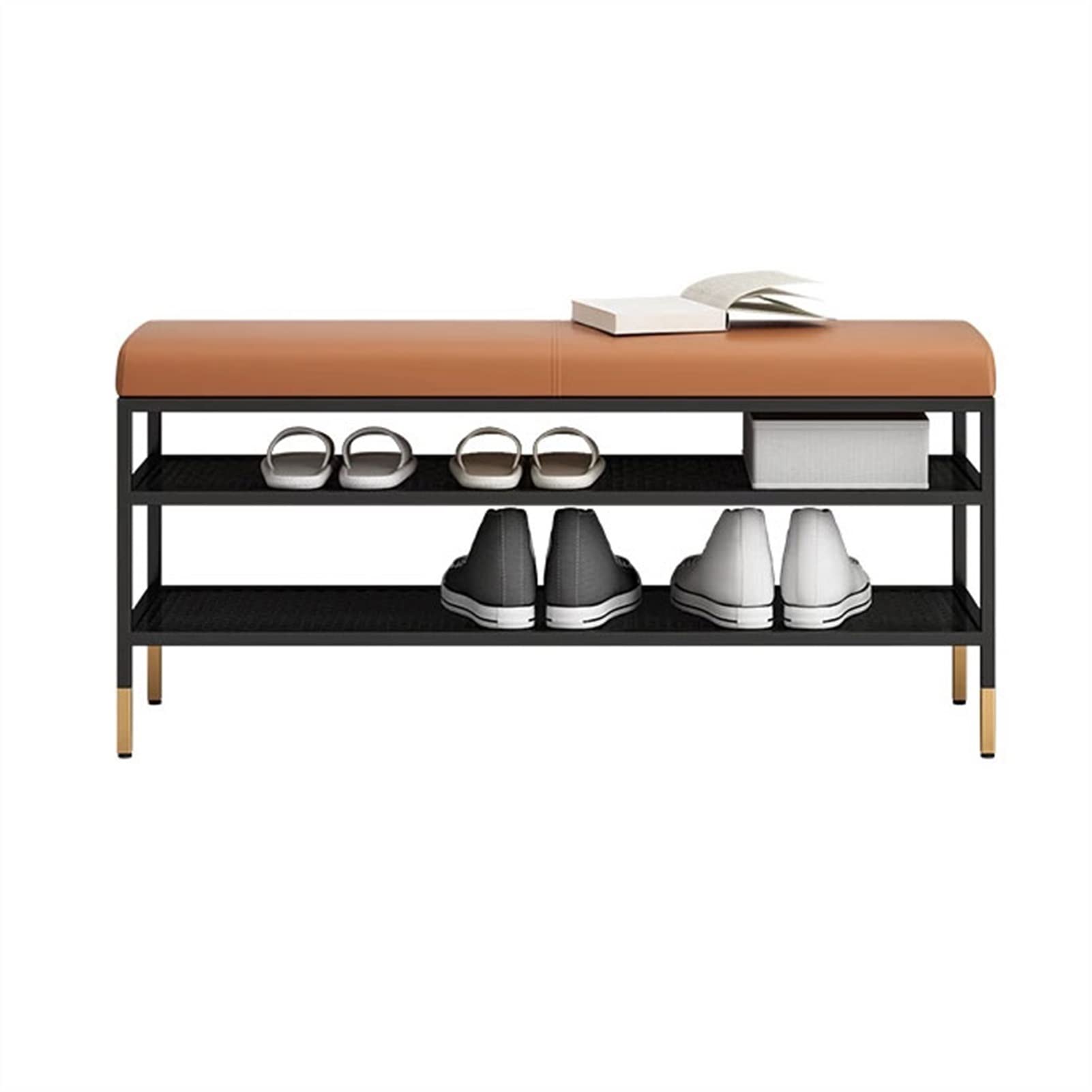 TOMYEUS 3-Tier Shoe Storage Bench with Leather Seat - Metal Entryway Shoe Rack Organizer for Foyer, Bedroom & Living Room - Space Saving Shoe Shelf for Home Organization (Perfect for Small Spaces & Apartment Entryways)