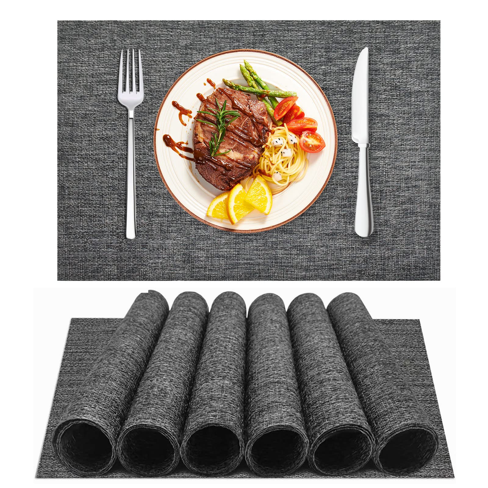 4-Pack Woven Vinyl Placemats for Dining Table - Waterproof & Washable Indoor/Outdoor Placemat Set (Dark Grey) - Perfect for Patio, Kitchen, and Restaurant Use