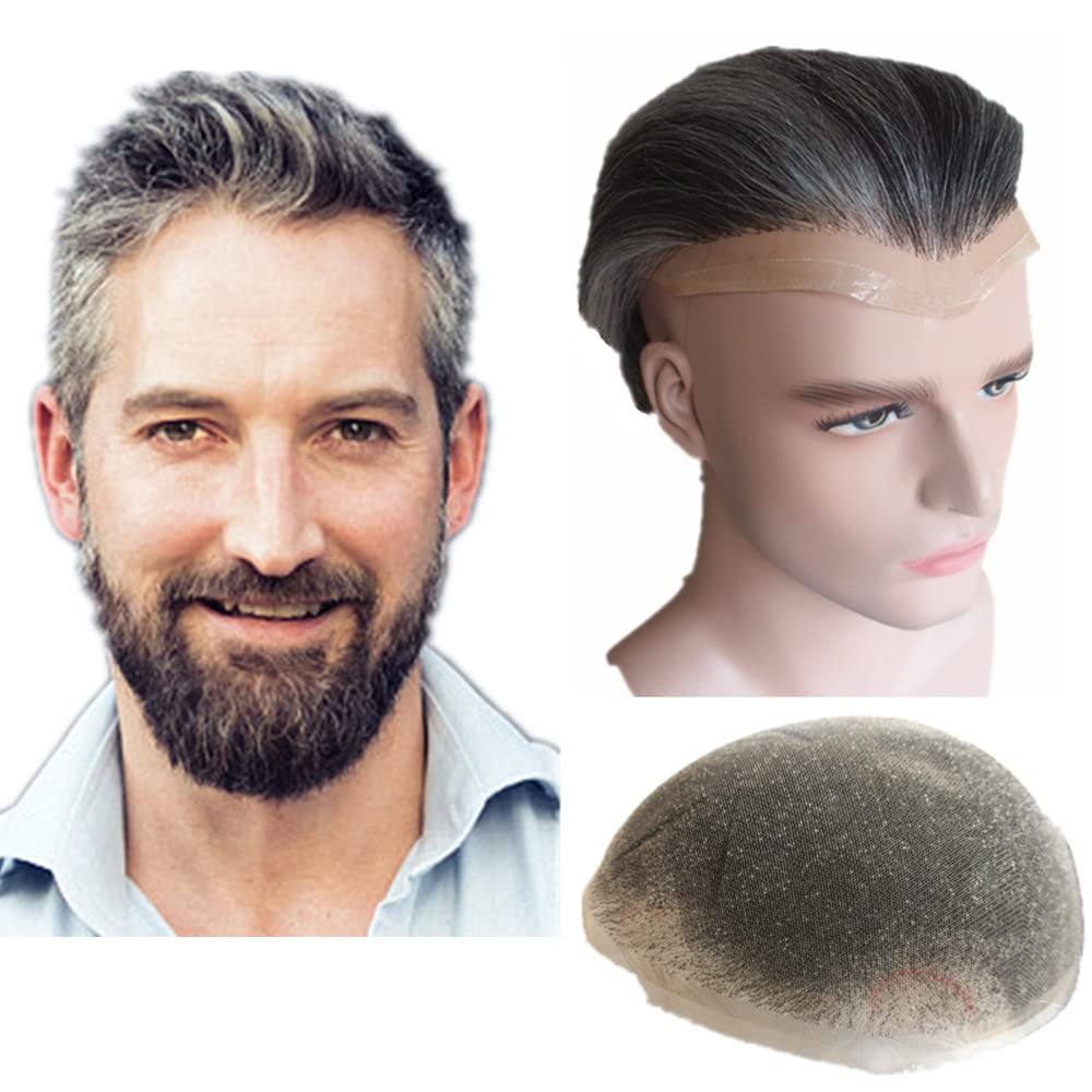 Natural Black & 40% Gray Human Hair Toupee for Men - 10x8