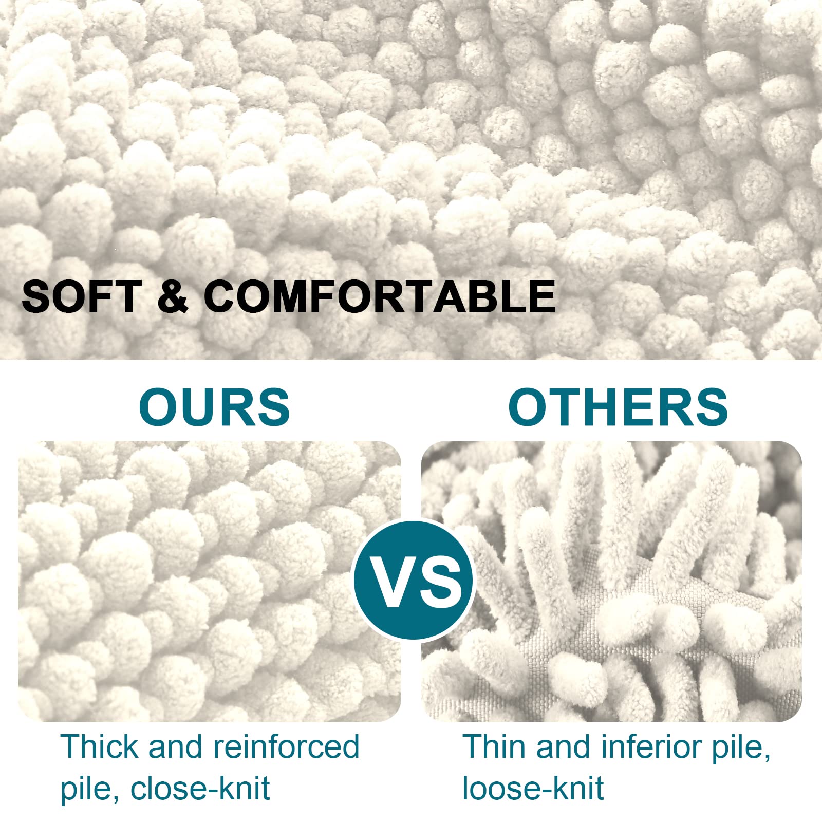 Turquoise Non-Slip Chenille Shaggy Bathroom Rug Mat - Ultra Soft & Absorbent Ivory Bath Mat for Kitchen & Bathroom - 59