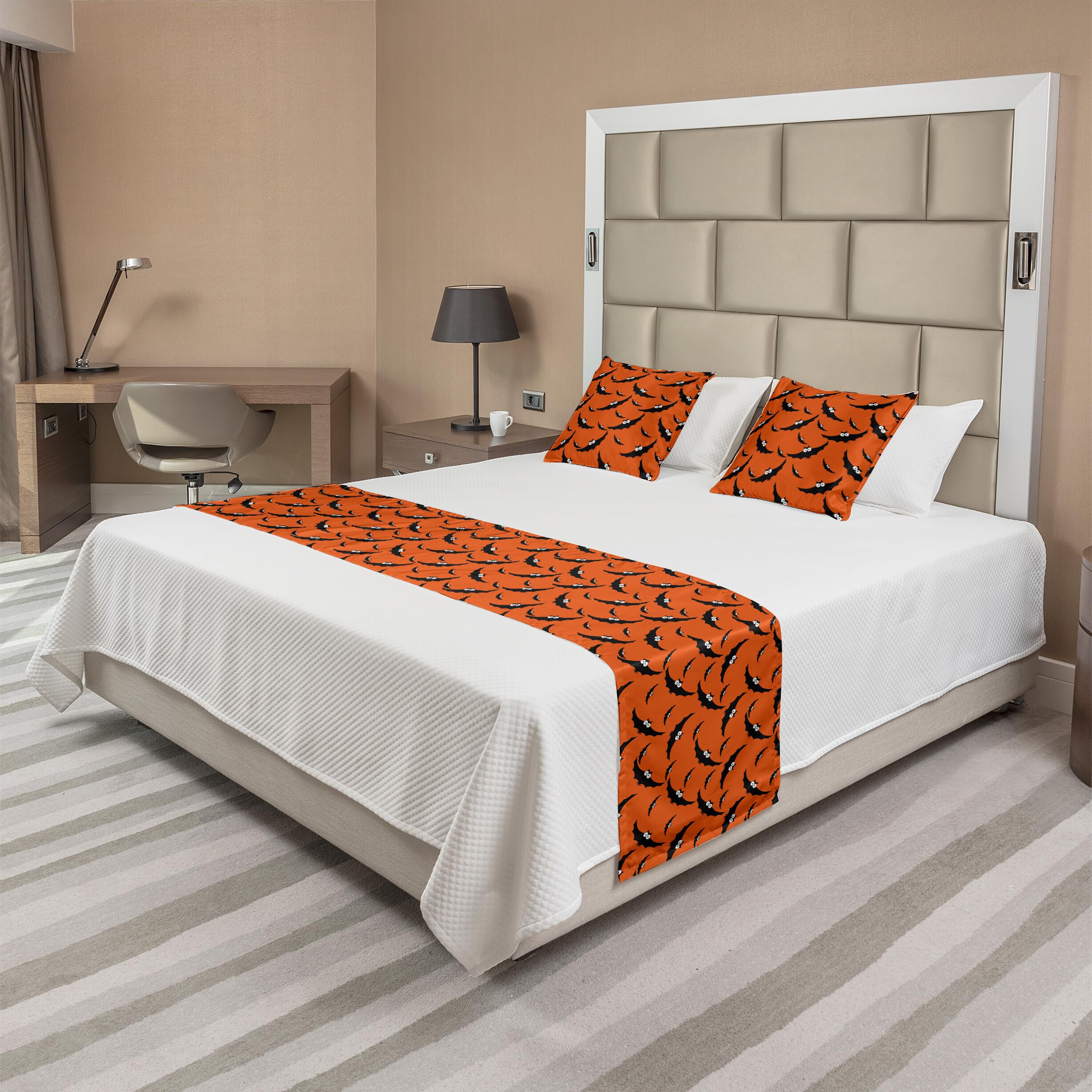 Ambesonne Halloween Bed Runner Set with Cartoon Bats Design - Spooky Decorative Bed Scarf & 2 Pillow Shams for Queen Beds in Orange & Grey | Perfect for Halloween Decor, Themed Parties & Cozy Home/Hotel Bedding