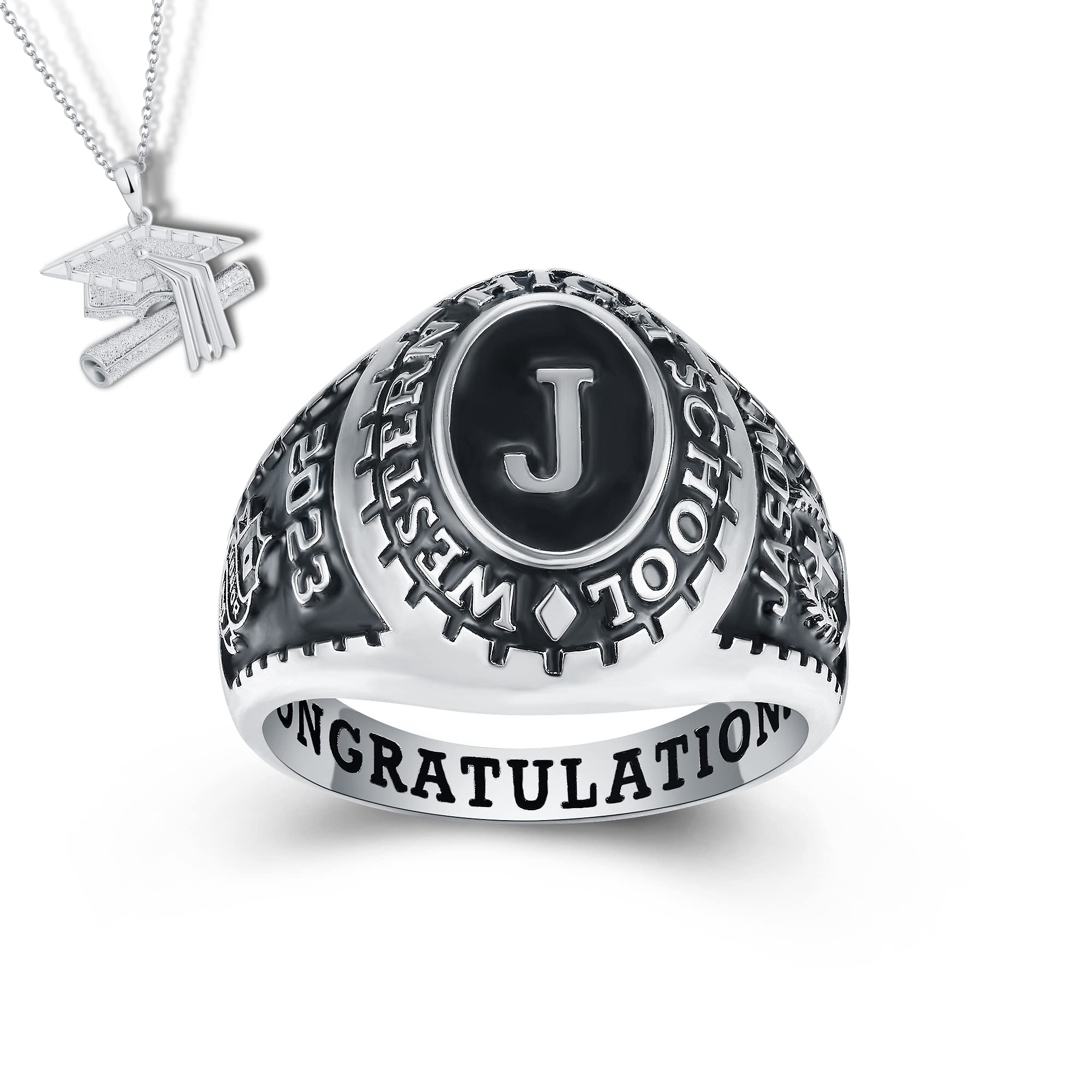 Authentic PJM Mementos USA Premium Class Ring for Men – Custom 925 Sterling Silver or 10KT Gold High School & College Graduation Ring – Personalized Initial Collection – Perfect Graduation Gift for Him – Ideal for Commencement Ceremonies, Alumni Events & Special Milestones