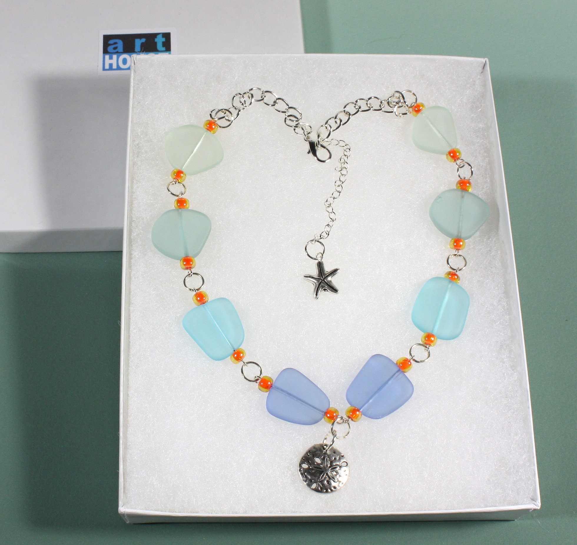 Little Sand Dollar Colorful Faux Sea Glass Necklace with Adjustable 18