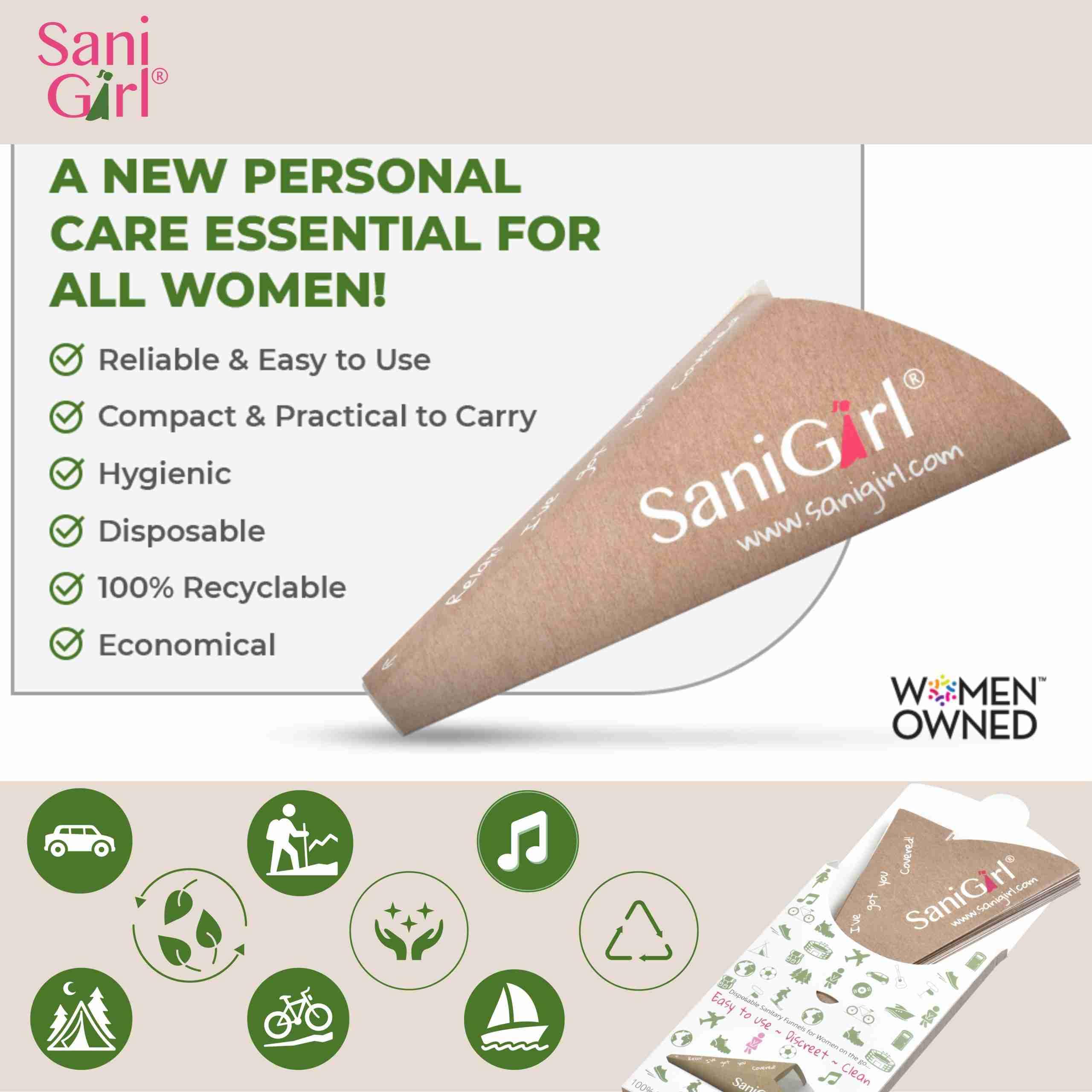SaniGirl Disposable Female Urinal Funnel for Women - Pack of 10 | Portable Pee Funnel for Travel, Camping & Hiking | Hygienic Solution for Standing Urination | Perfect for Outdoor Adventures, Road Trips & Public Restrooms