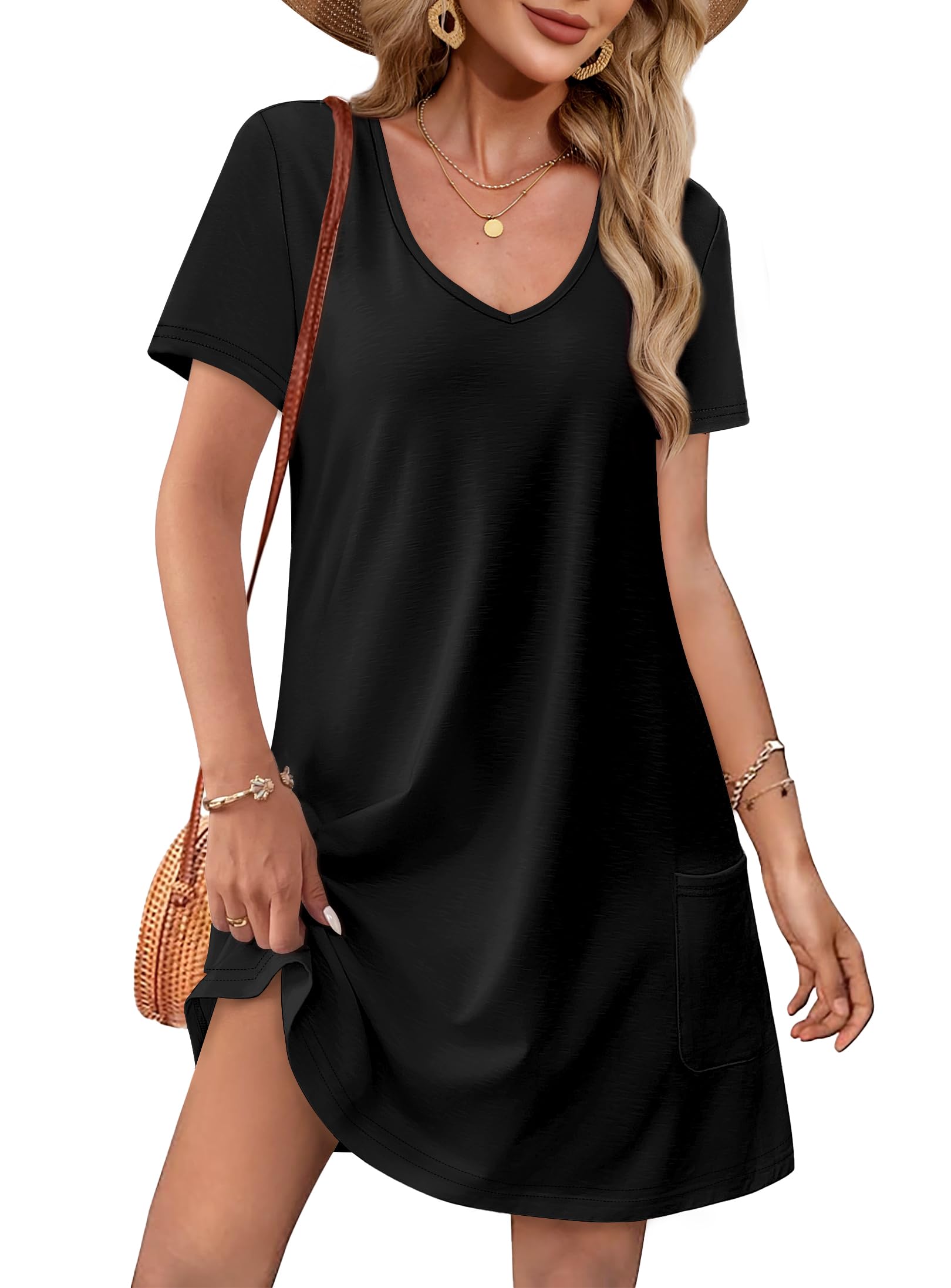 OFEEFAN Women's Summer Casual Dress 2025 - Loose Fit V-Neck Short Sleeve T-Shirt Dress, Sundress & Swimsuit Cover Up with Pockets | Perfect for Beach, Vacation, Poolside & Everyday Wear