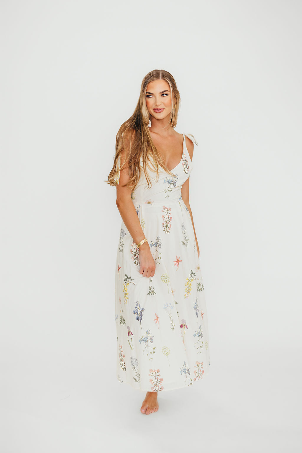 Fawna Floral Midi Dress in Cream - Elegant Floral Print Summer Dress for Women | Perfect for Weddings, Garden Parties & Date Nights