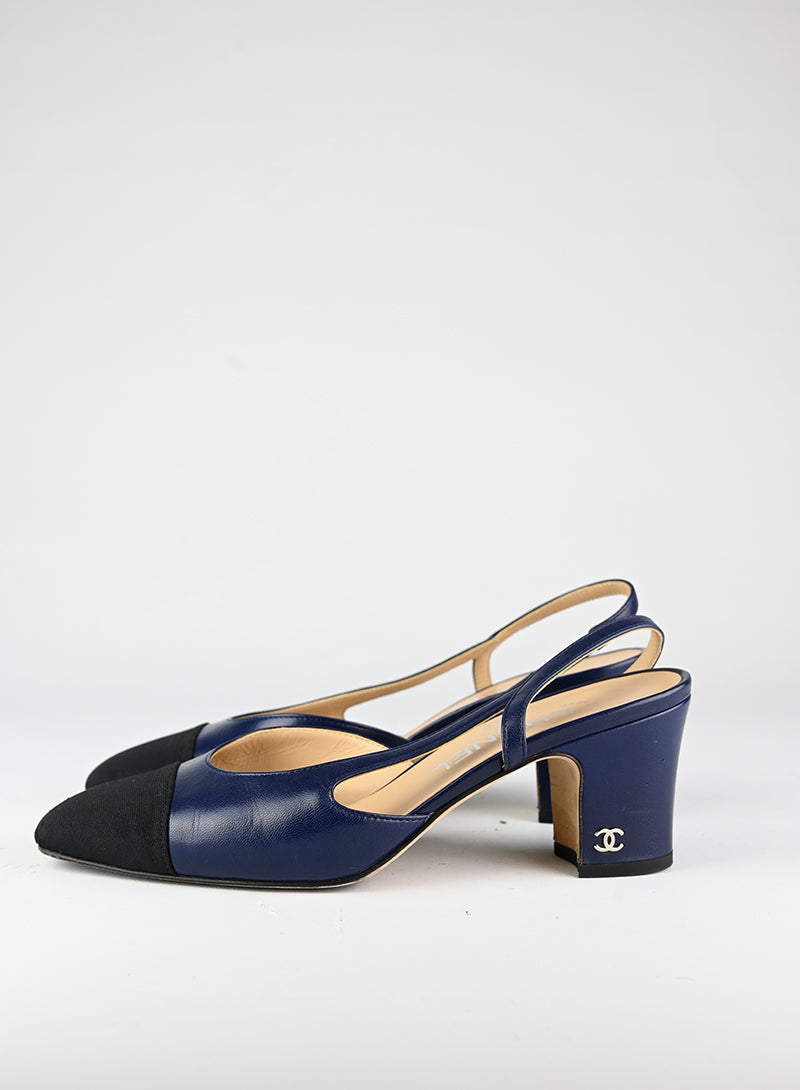 Chanel Slingback Shoes - Black & Blue Women's Heels Size 36 | Classic Luxury Pumps for Office, Party & Special Occasions