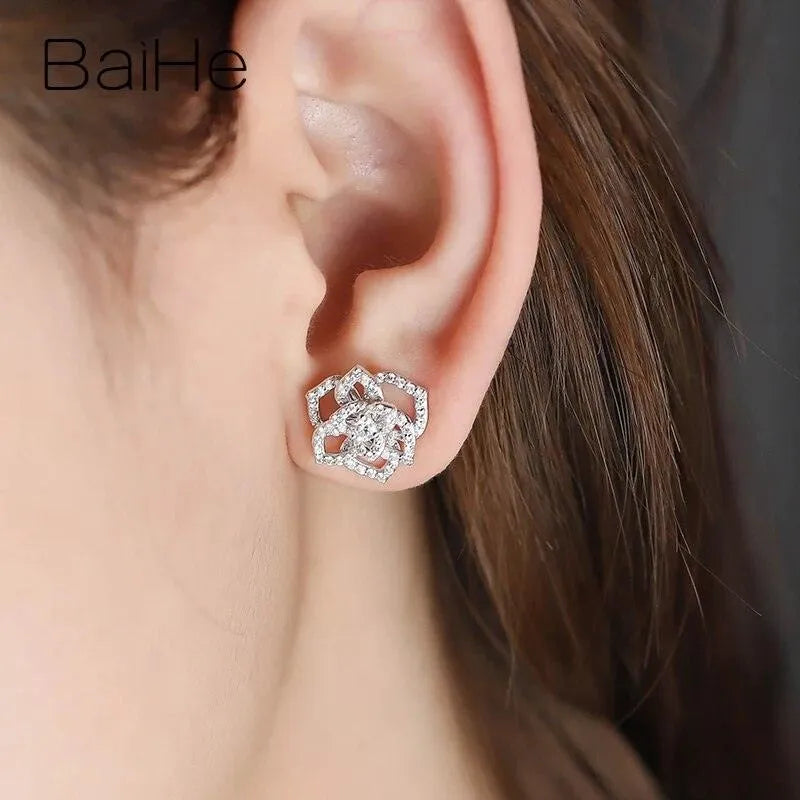 14K White Gold Natural Diamond Flower Stud Earrings for Women - H/SI Quality, Wedding & Bridal Jewelry, Trendy Fine Jewelry Gift for Her - Perfect for Anniversaries, Engagements & Special Occasions