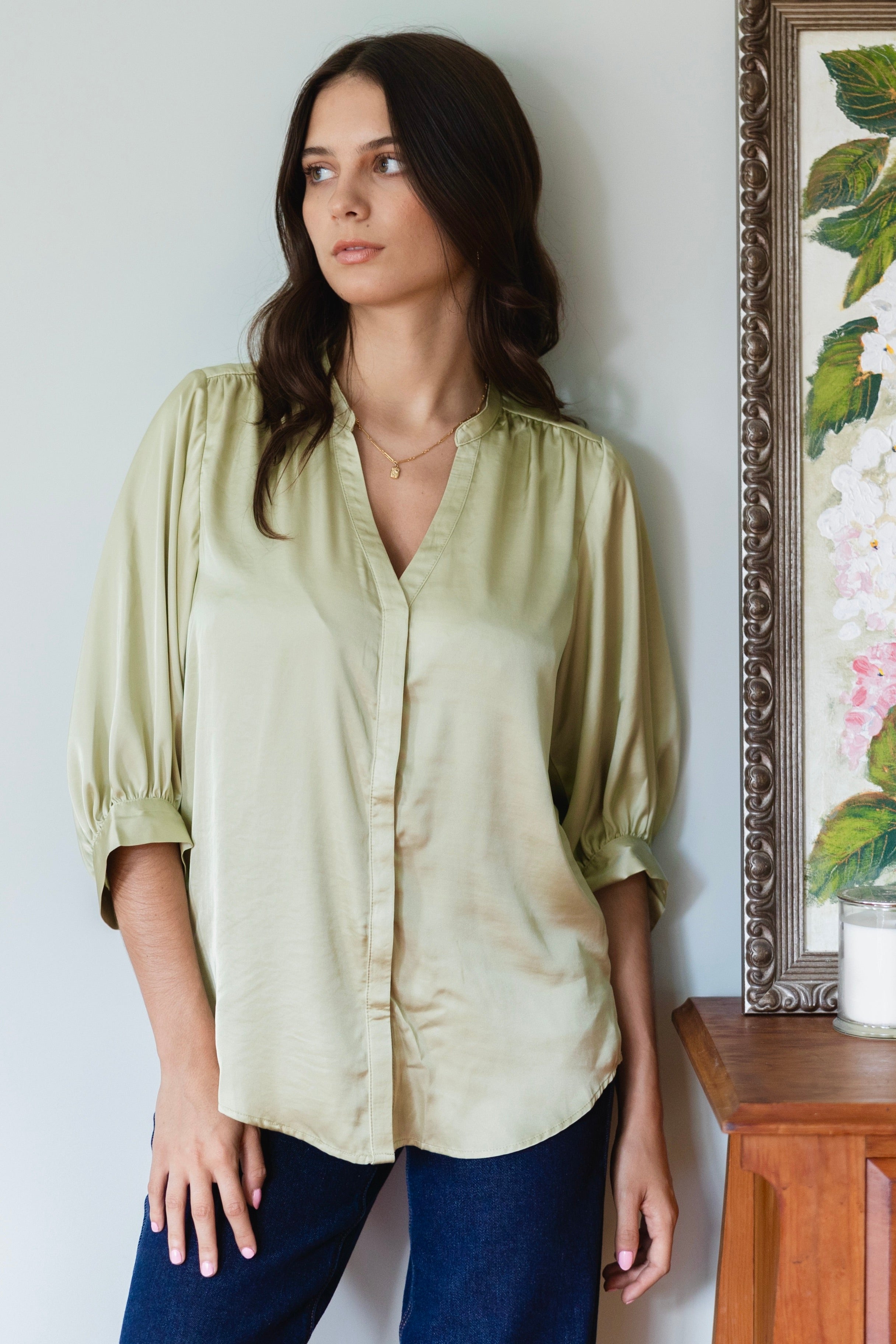 Deity Sage Satin Button-Down Blouse with Puff Sleeves - Elegant Women's Short Sleeve Top for Office, Date Night & Summer Outfits