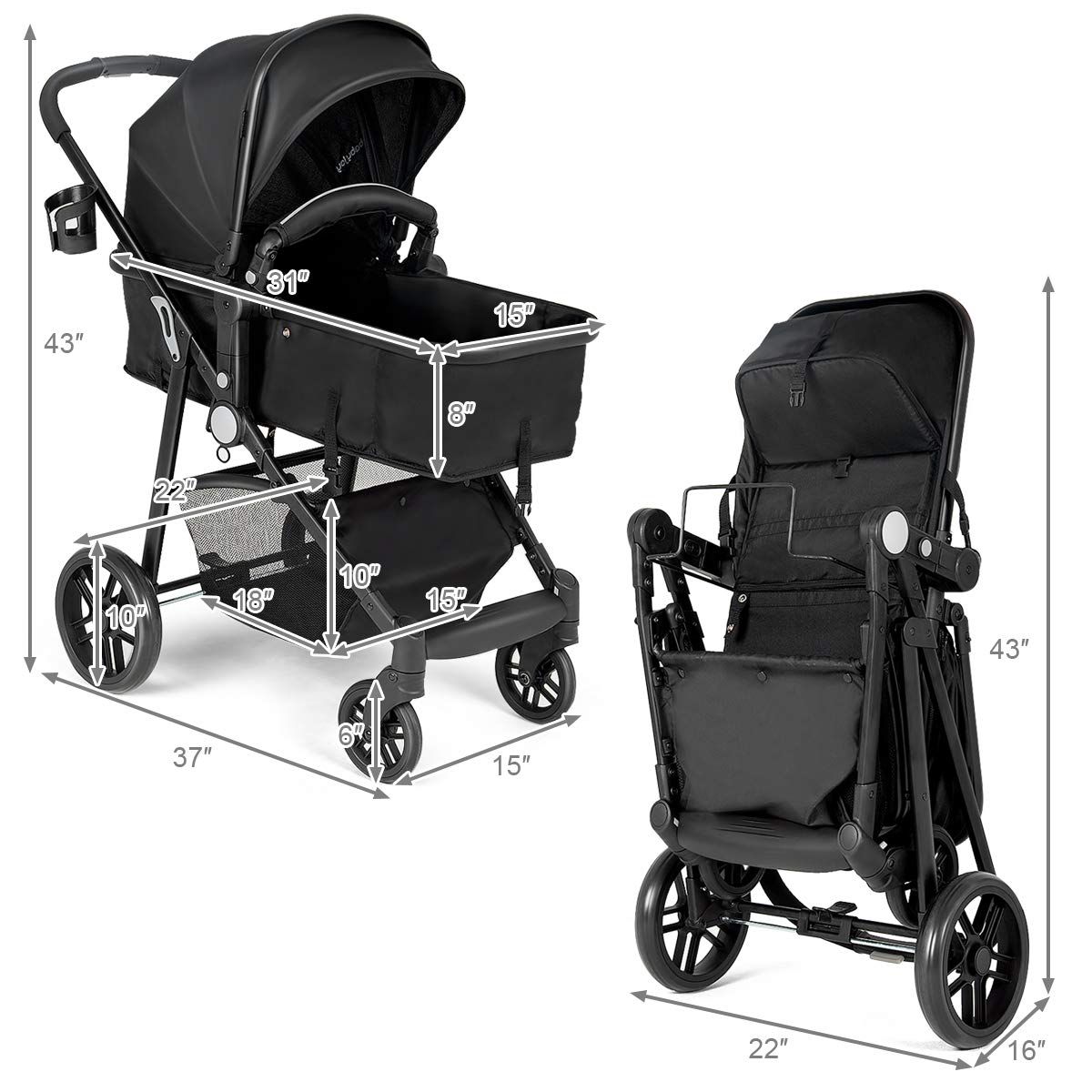 HONEY JOY Convertible Baby Stroller with Adjustable Canopy & Reclining Backrest - Foldable Infant Bassinet Pram with Storage Basket & Cup Holder for Newborns (Black) | Perfect for Park Walks, Shopping Trips & Family Outings