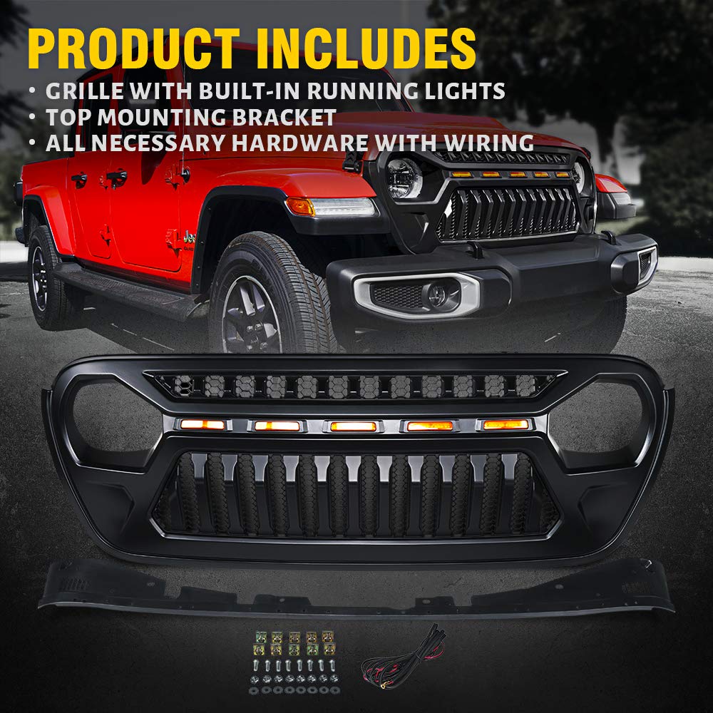 Xprite Black Front Grille with Amber LED Running Lights for 2018-2021 Jeep Wrangler JL & JT | Off-Road Style Upgrade | Perfect for Night Driving & Off-Road Adventures