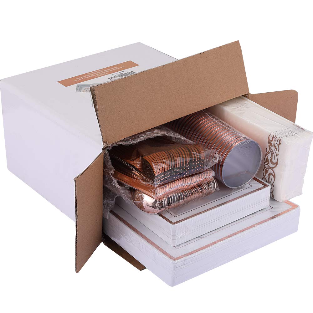 175-Piece Rose Gold Disposable Dinnerware Set for 25 Guests - Elegant Square Plastic Plates with Metallic Rim - Includes 25 Dinner Plates, Dessert Plates, Napkins, Cups & Silverware - Perfect for Weddings, Parties & Special Events