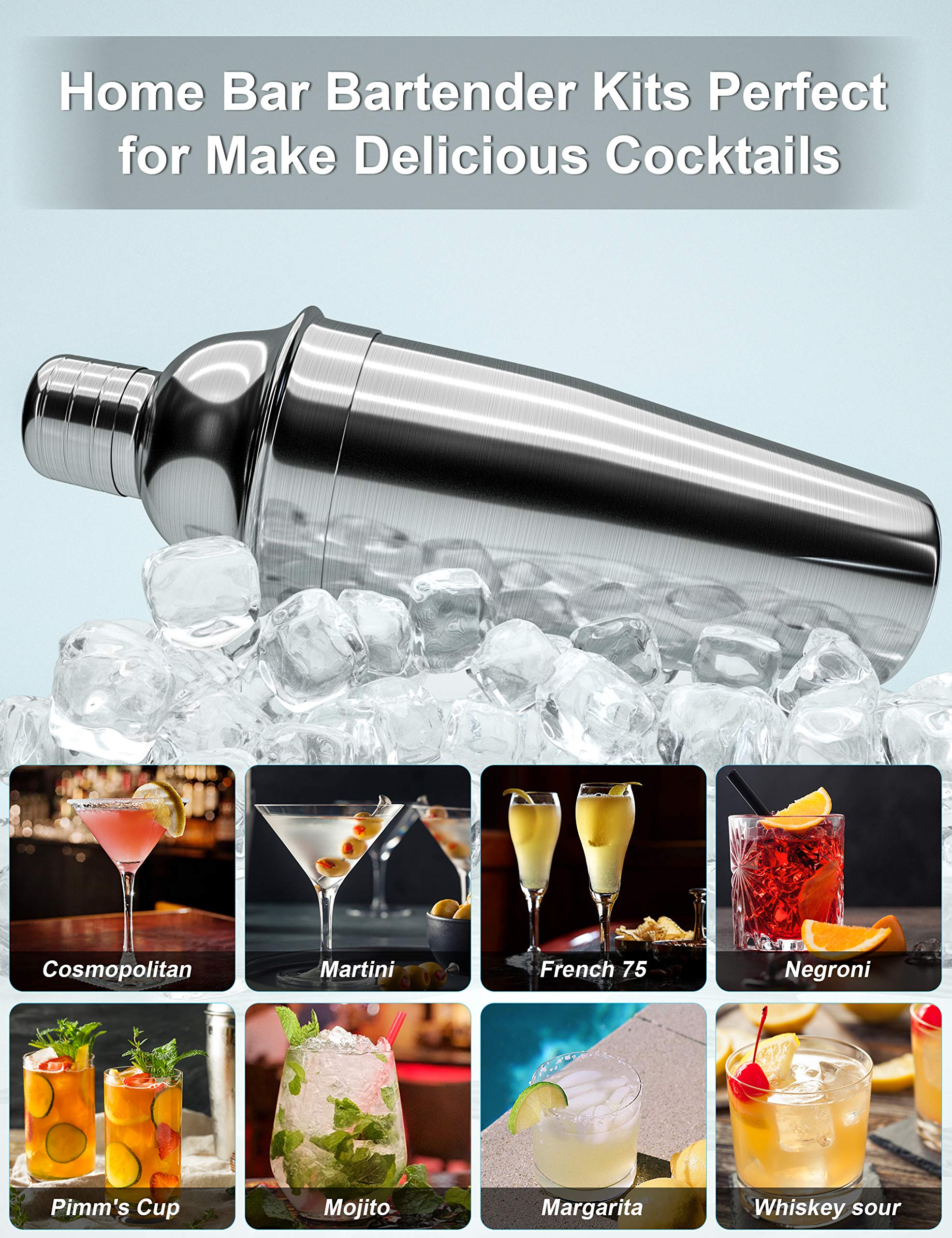 14-Piece Stainless Steel Bartender Kit with Rotating Stand - 25 oz Cocktail Shaker Set, Jigger, Spoon, Pourers, Muddler, Strainer, Tongs, Bottle Stoppers & Opener - Professional Bar Tools for Home Mixology & Cocktail Parties - Perfect for Bartenders, Home Bars & Entertaining Guests