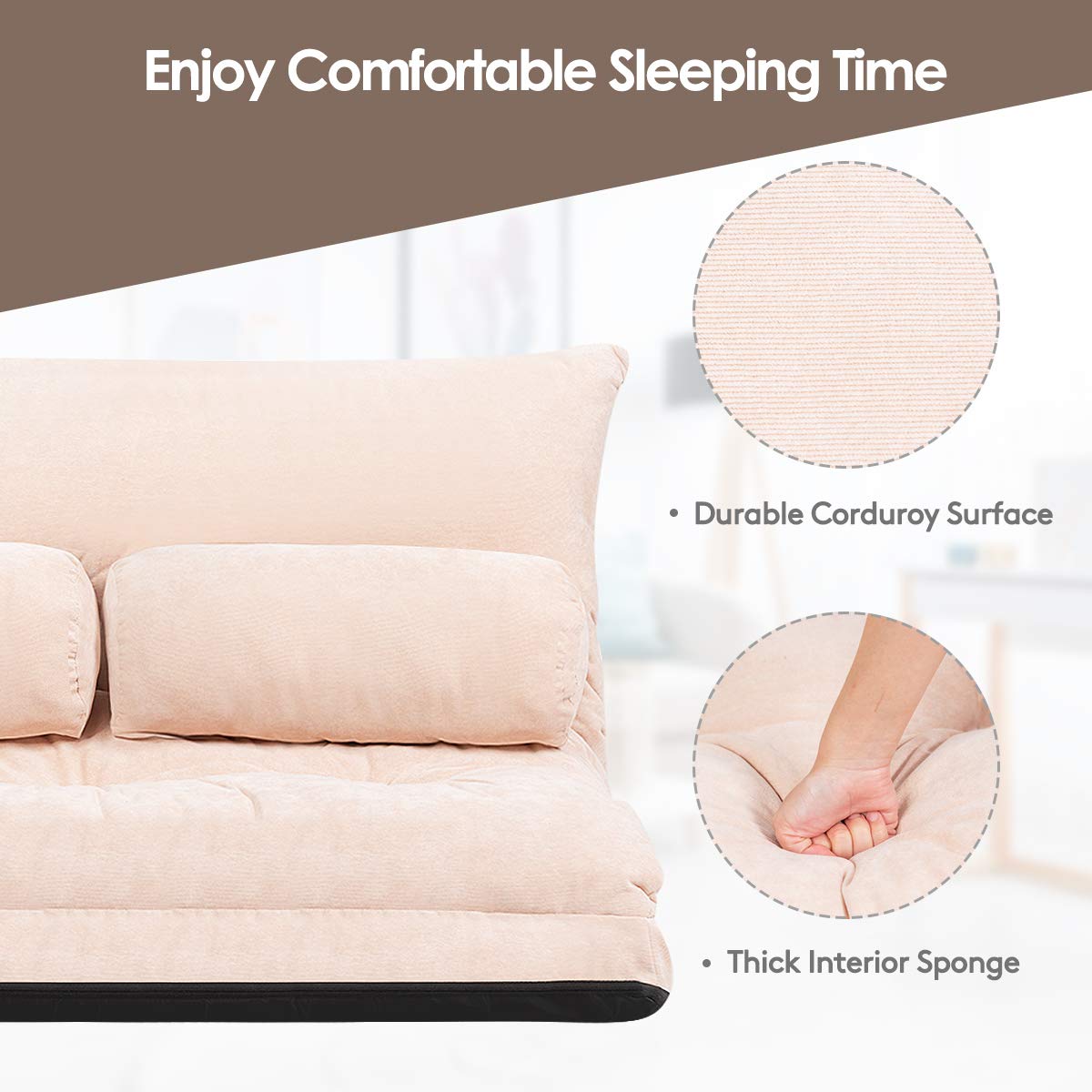 Giantex Adjustable Floor Sofa Couch with 2 Pillows, 6-Position Foldable Lazy Sofa Sleeper Bed, Multi-Functional Suede Floor Seating for Living Room, Bedroom, Reading & Gaming (Beige) - Perfect for Small Spaces, Lounging and Guest Sleeping