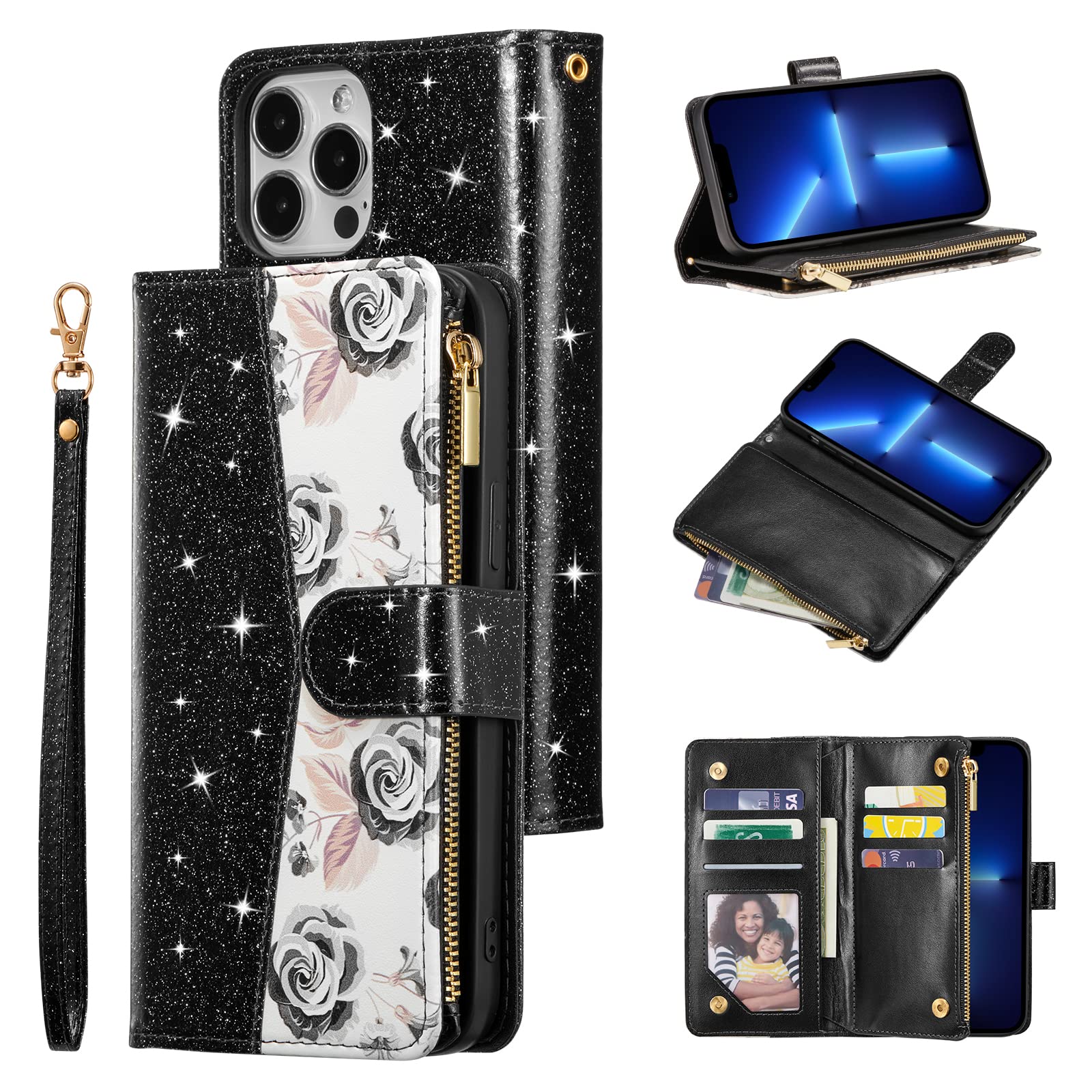UEEBAI iPhone 13 Pro Max Wallet Case - PU Leather Magnetic Closure with Card Slots, Zipper Pocket, Kickstand & Hand Strap | Stylish Bling Black Flip Cover for Women | Perfect for Shopping, Travel & Everyday Use