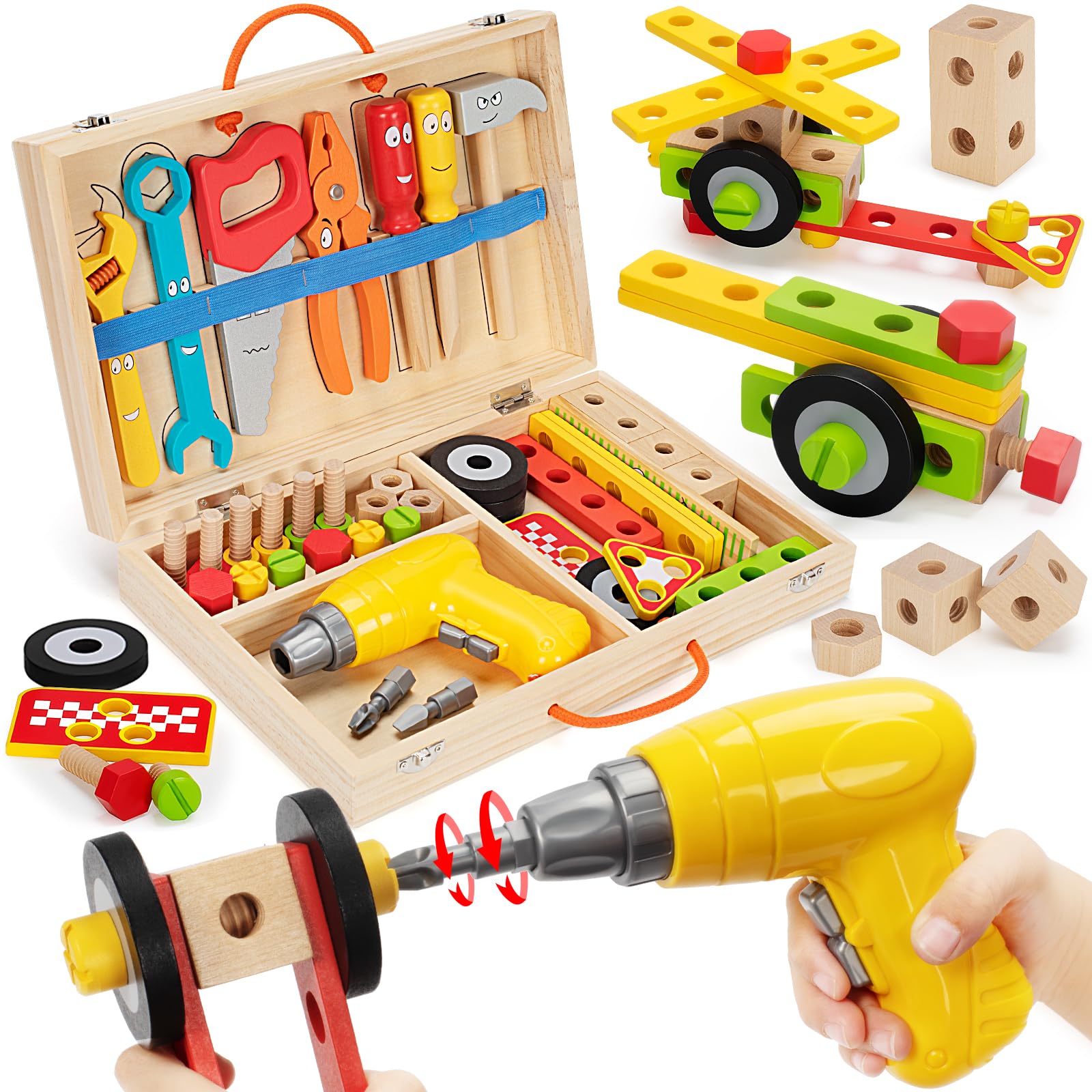 **44-Piece Wooden Kids Tool Set with Drill - STEM Montessori Educational Construction Toy for Boys & Girls Ages 3-5 - Pretend Play, DIY Projects & Early Learning Development**