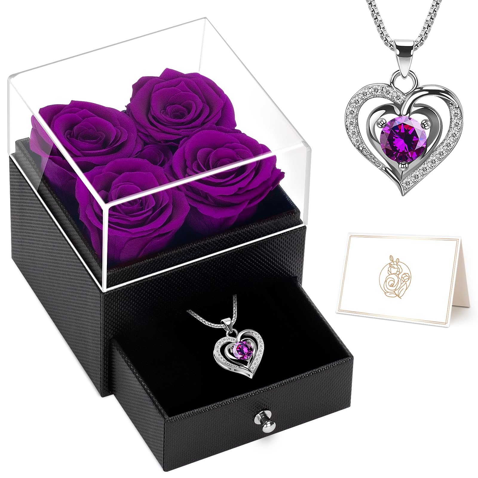 4 Eternal Preserved Roses in Square Box with Necklace - Forever Flower Jewelry Gift for Women, Birthday, Anniversary, Valentine's Day & Christmas (Purple) | Romantic Home Decor & Luxury Present for Her