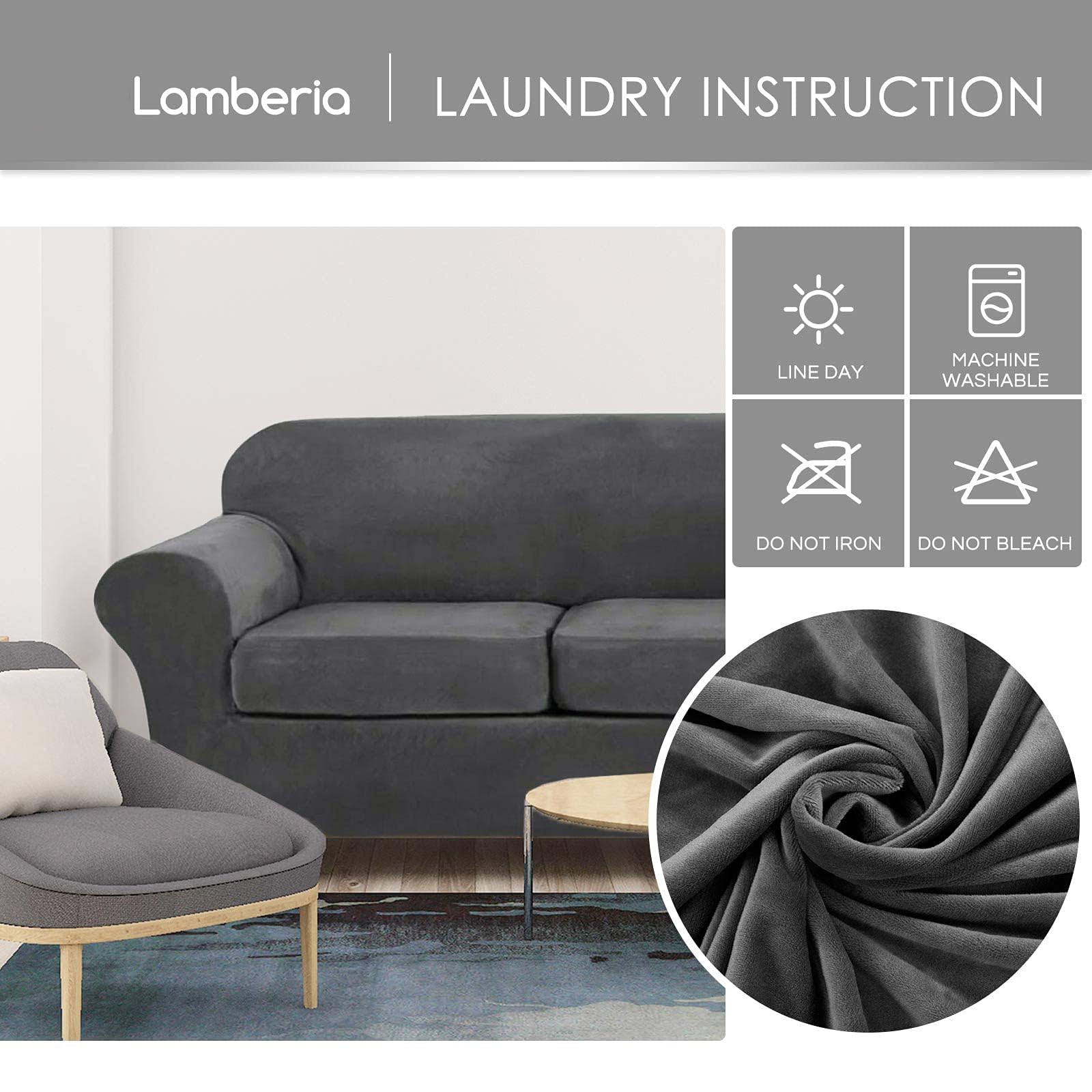 Lamberia Stretch Velvet Sofa Cover for 3 Cushion Couch - 4 Piece Washable Furniture Protector - Plush & Thick Slipcover for Pets, Kids - Sofa-L Size, Grey - Perfect for Living Room, Family Room & Pet-Friendly Homes