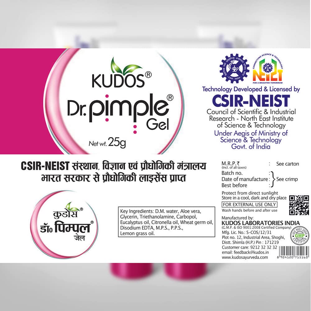 Kudos Dr. Pimple Gel - Best Ayurvedic Acne Treatment for Pimple Removal (25g X 2 Pack) | Natural Face Care Solution for Teens & Adults | Daily Skincare Routine