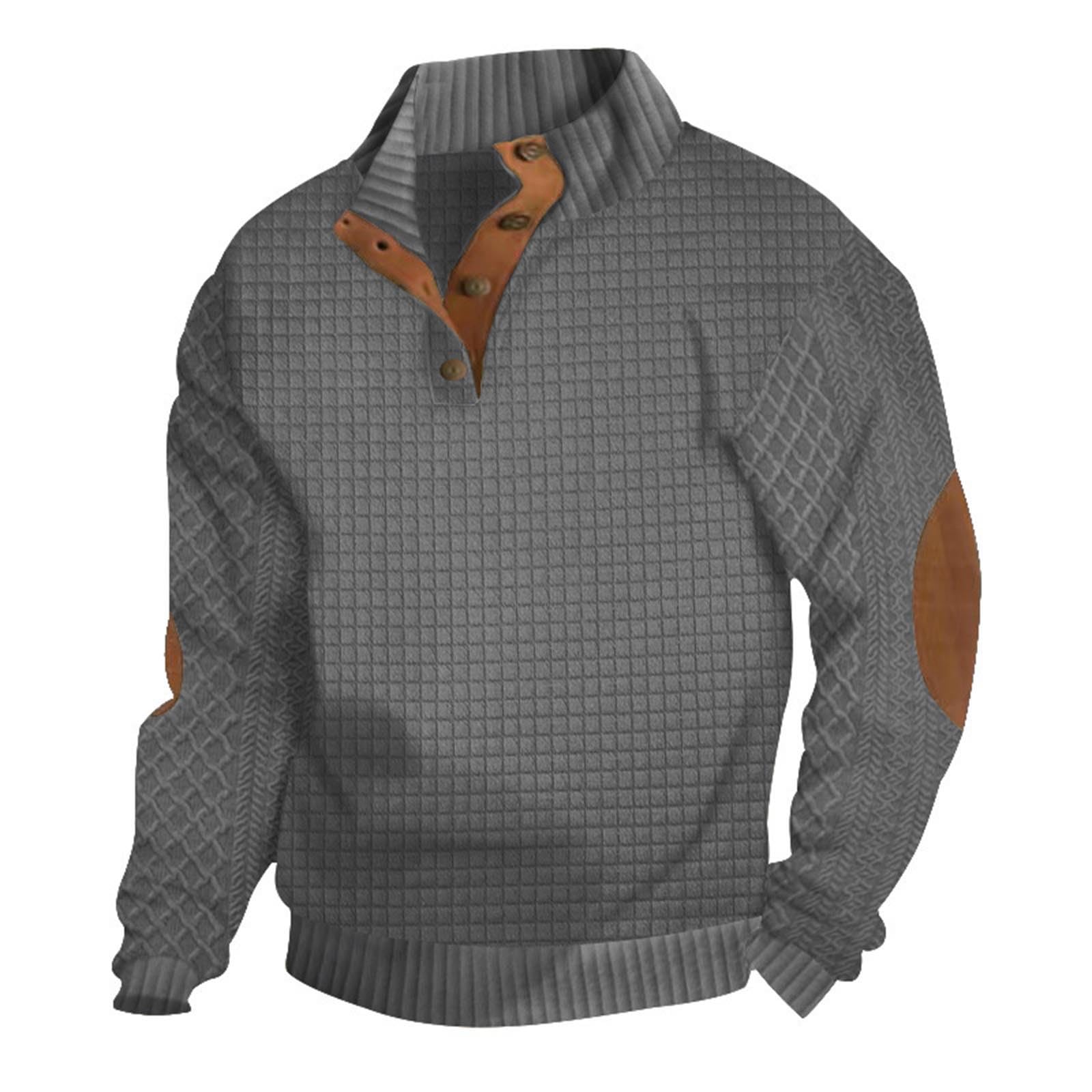 Vintage Men's Waffle Knit Sweatshirt - Long Sleeve Stand Collar Pullover with Button Up Design | Casual Winter Wear, Outdoor Activities & Layering Essential