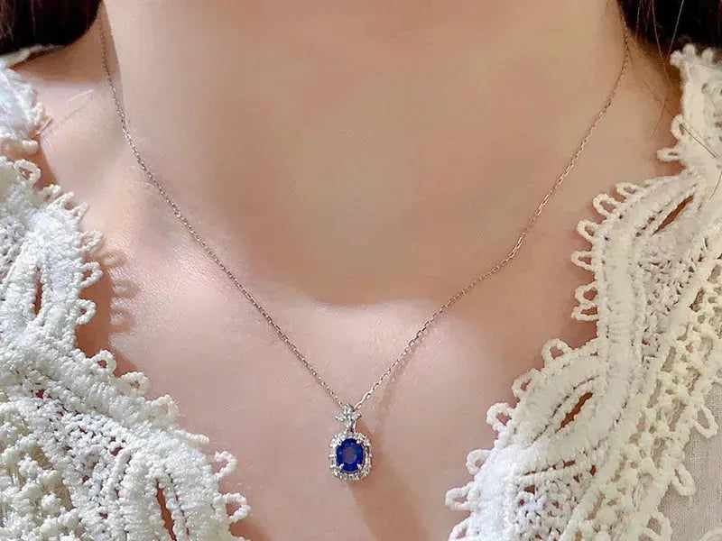 18K White Gold Blue Sapphire and Diamond Pendant Necklace for Women - Elegant Square Shape Jewelry Gift for Anniversary, Birthday & Special Occasions