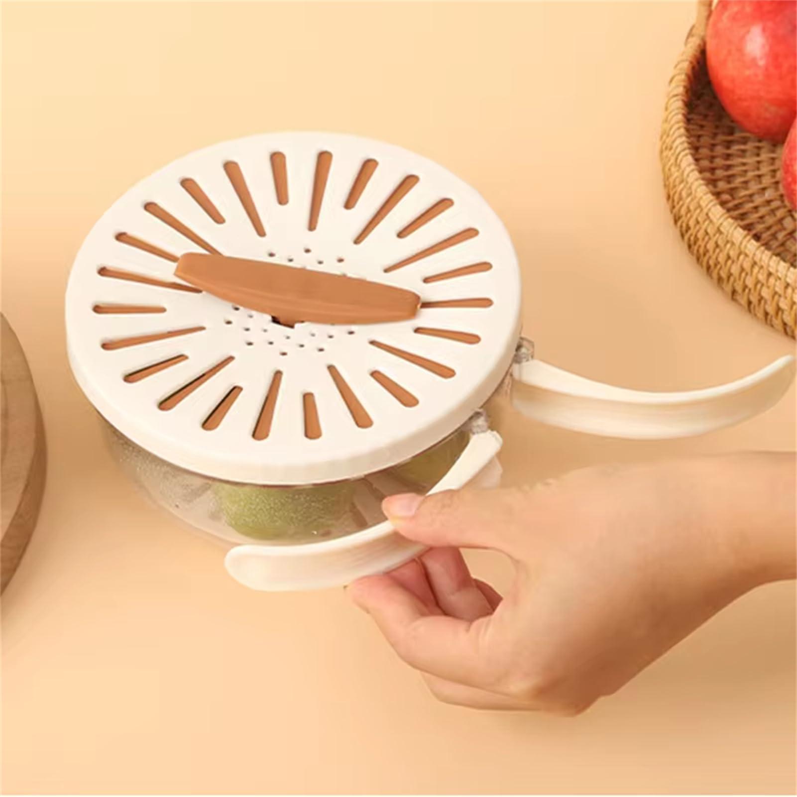 Multifunctional Fruit and Vegetable Washing Bowl with Lid - Foldable Handle Colander & Strainer for Kitchen | Food Prep, Salad Draining, Berry Washing | White (1-Pack)