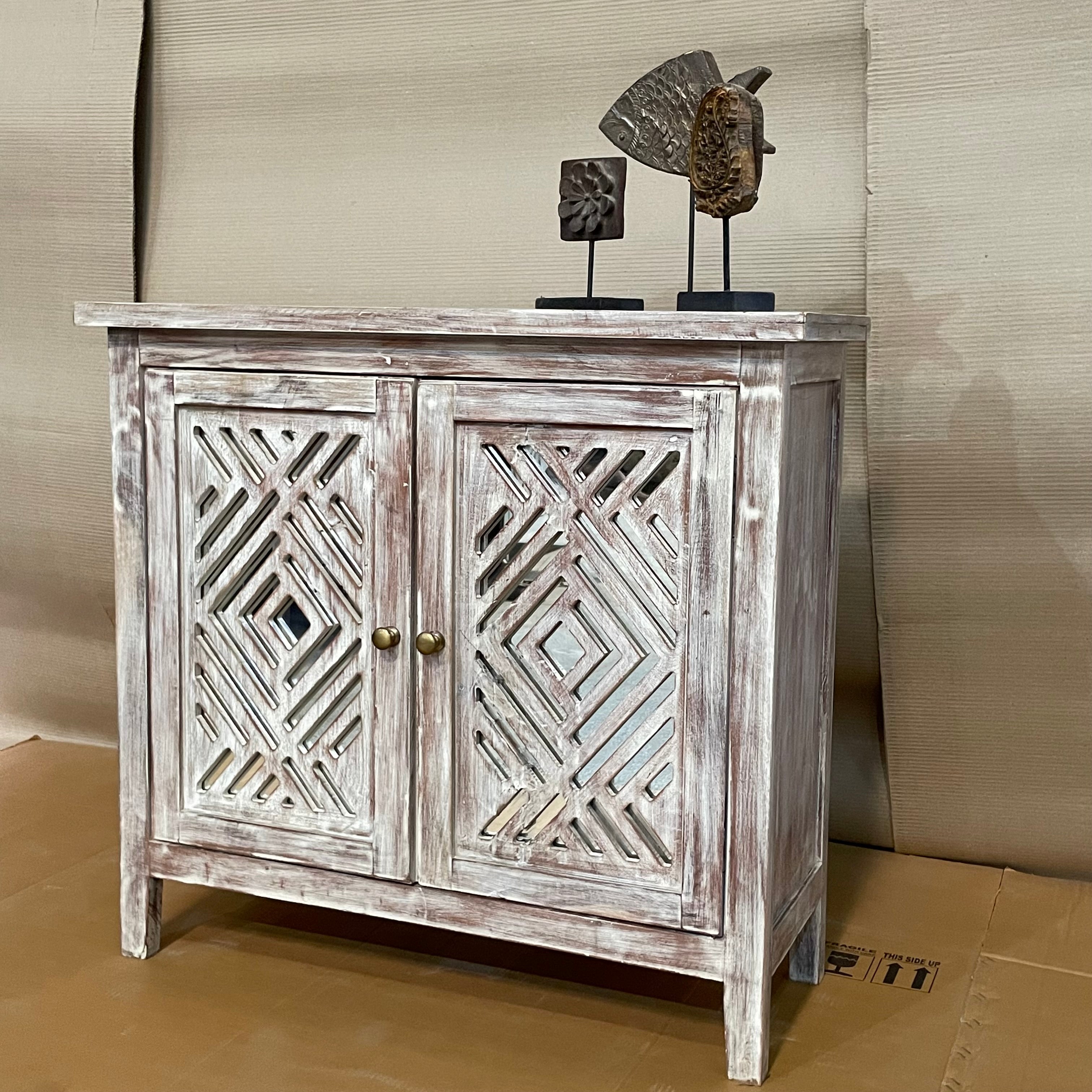 Handcrafted Indian Solid Hardwood Cabinet with 2 Mirror Doors - Traditional Carved Wooden Storage for Living Room, Bedroom & Entryway