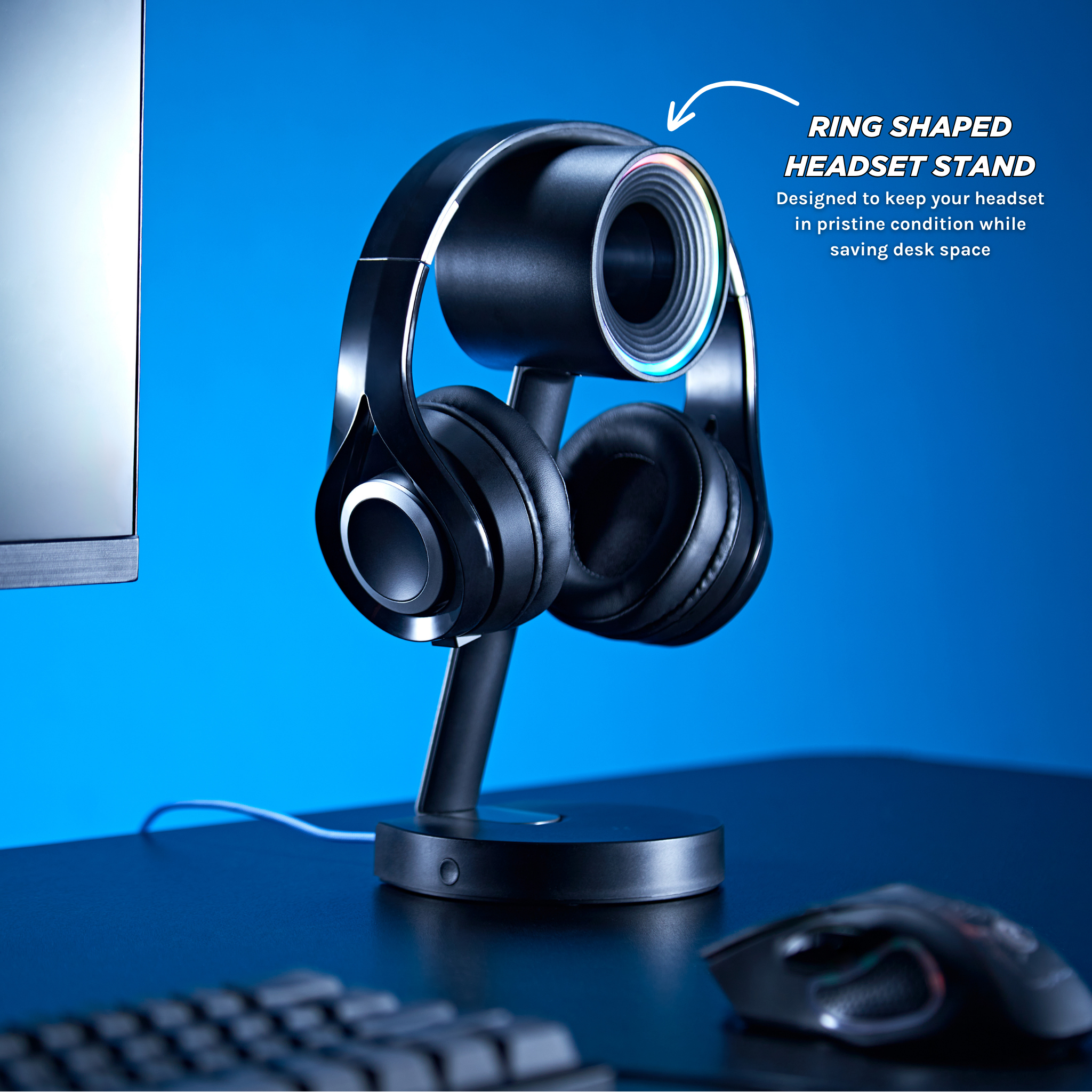 Orbit RGB Gaming Headphone Stand with Wireless Charging - LED Light Base for Headphones & Wireless Earbuds - Perfect for Gaming Setup, Office Desk, and Home Decor