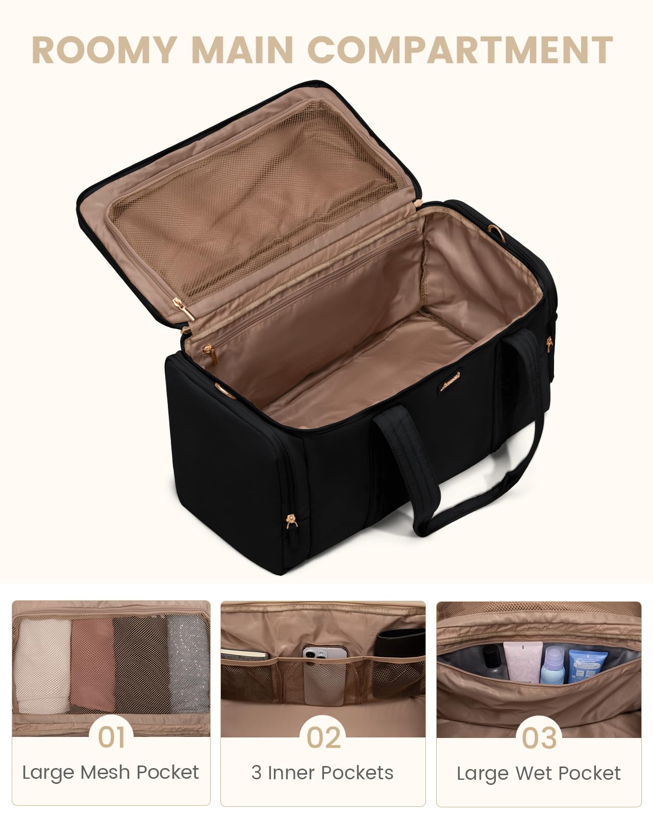 LOVEVOOK Women's Puffer Weekender Duffle Bag - 3-Piece Set with Toiletry Bag & Wet Pocket - Perfect for Travel, Gym, Yoga, Hospital & Airplane Carry-On (Black) | Ideal for Weekend Getaways, Workouts & Maternity Hospital Stays