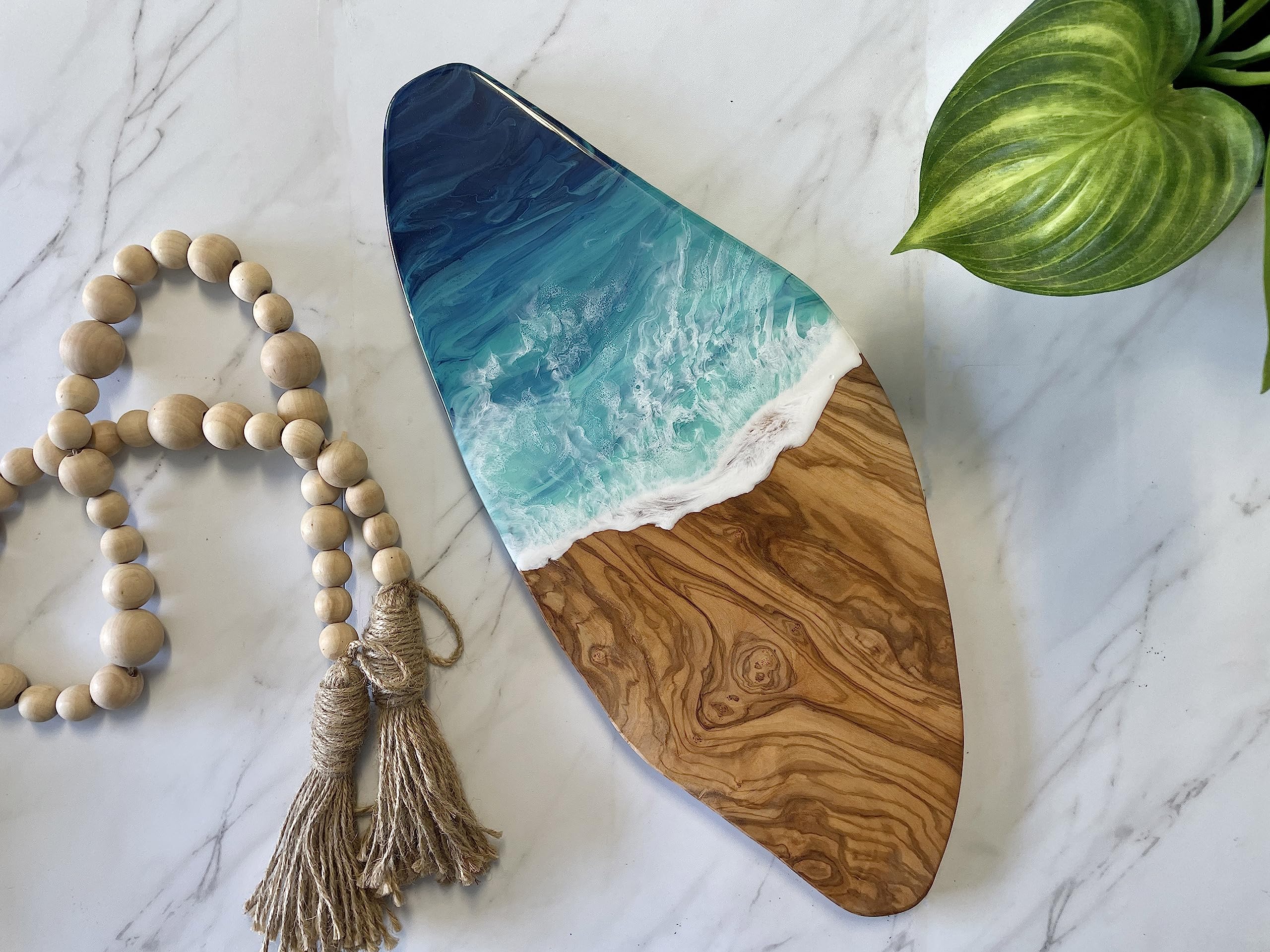 WLB Designs Coastal Serving Board - Olive Wood Charcuterie Tray with Ocean Wave Resin Design | Beach-Themed Cutting Board for Cheese & Charcuterie | Perfect Housewarming Gift & Coastal Kitchen Decor for Entertaining