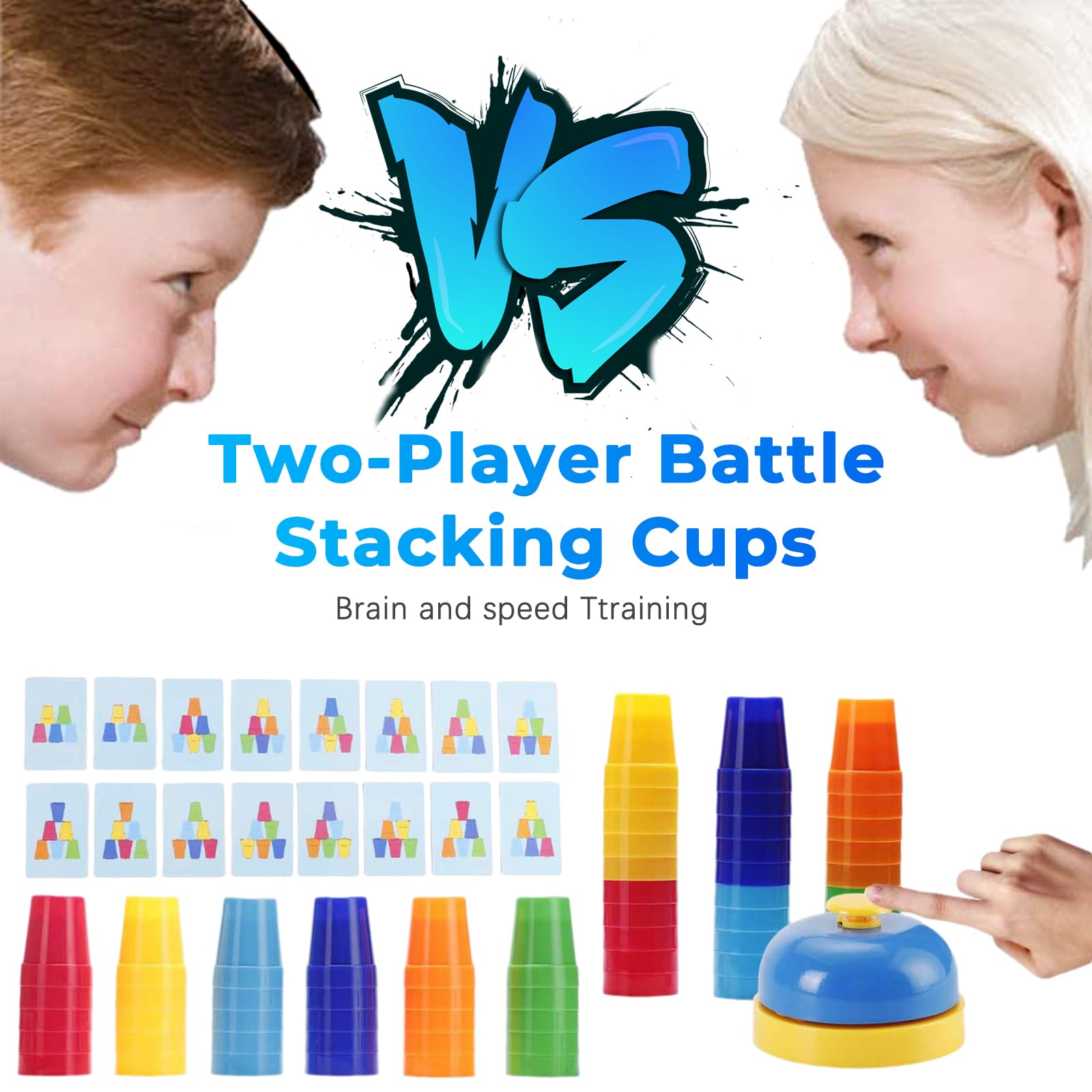Quick Stacking Cups Set - Kids Speed Training Game with 54 Cards & Bell for Family Fun