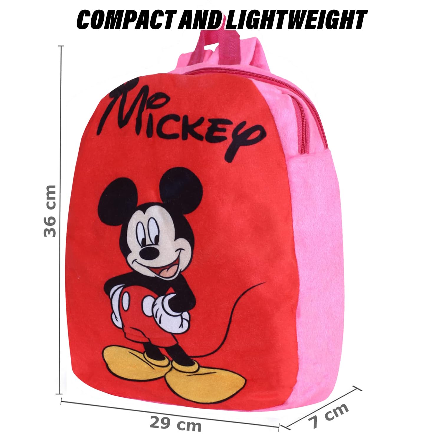 Disney Mickey Mouse Velvet Kids School Backpack for Boys & Girls - 2 Compartment Student Bookbag (Red & Pink) | Perfect for Elementary School, Daycare & Travel