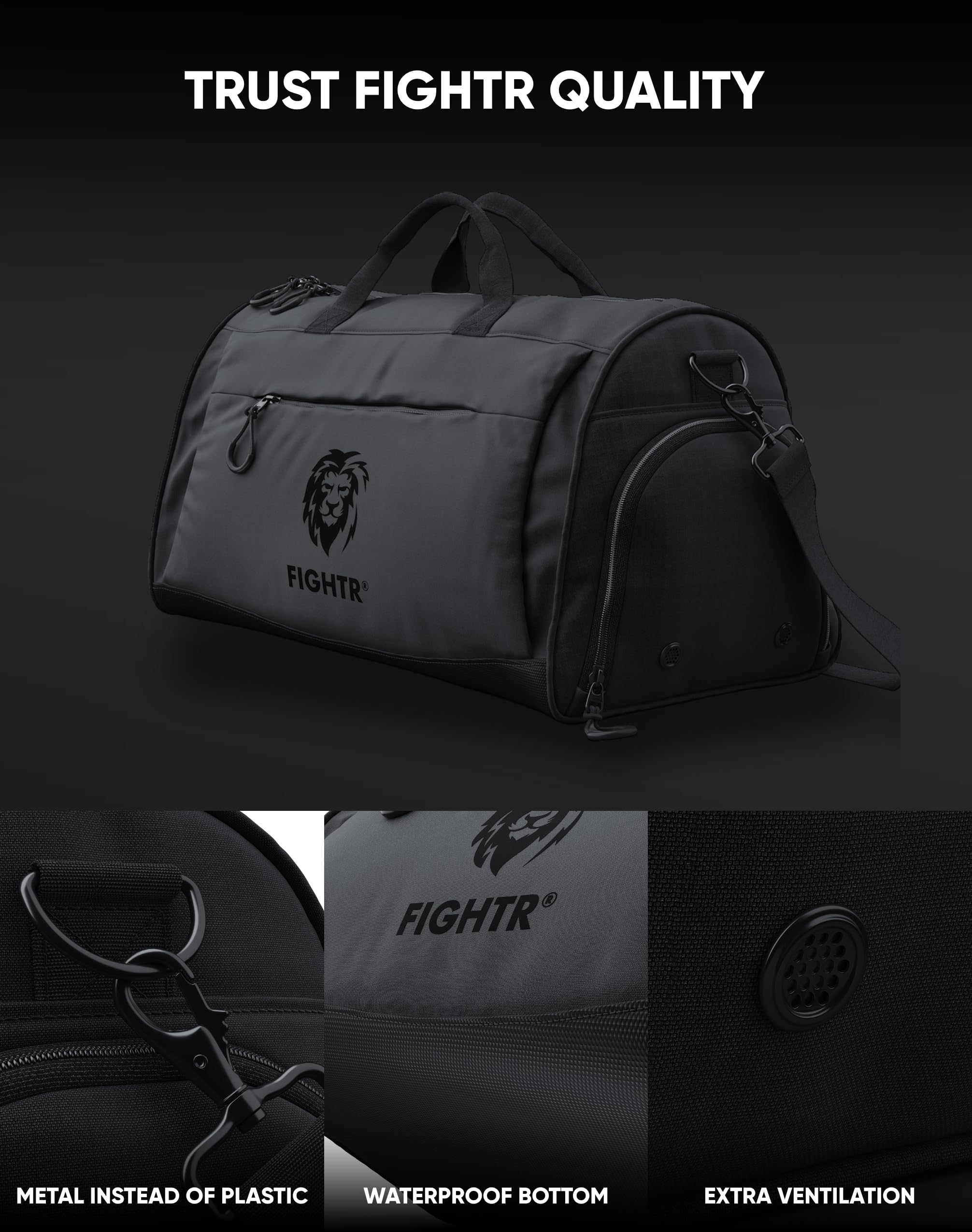 FIGHTR® Sports & Travel Duffle Bag for Men & Women - Waterproof Shoe Compartment & Wet Pocket - Gym, Fitness, Workout & Vacation Gear - Perfect for Gym, Travel & Sports Activities