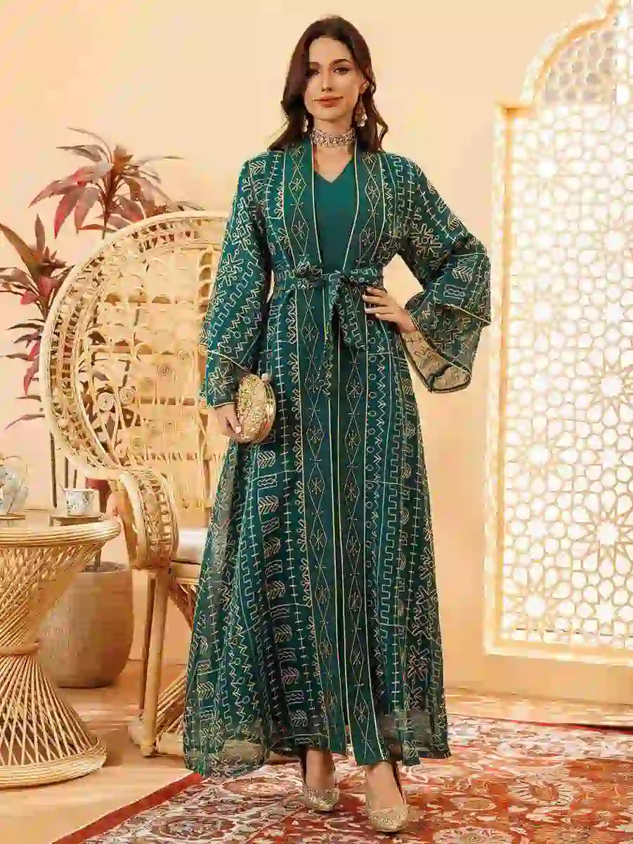 2-Piece Set Eid Doris Caftan Kaftan Dress with Inner Sleeveless Dress #24445 - Elegant Muslim Women's Outfit for Eid, Ramadan, Wedding & Special Occasions