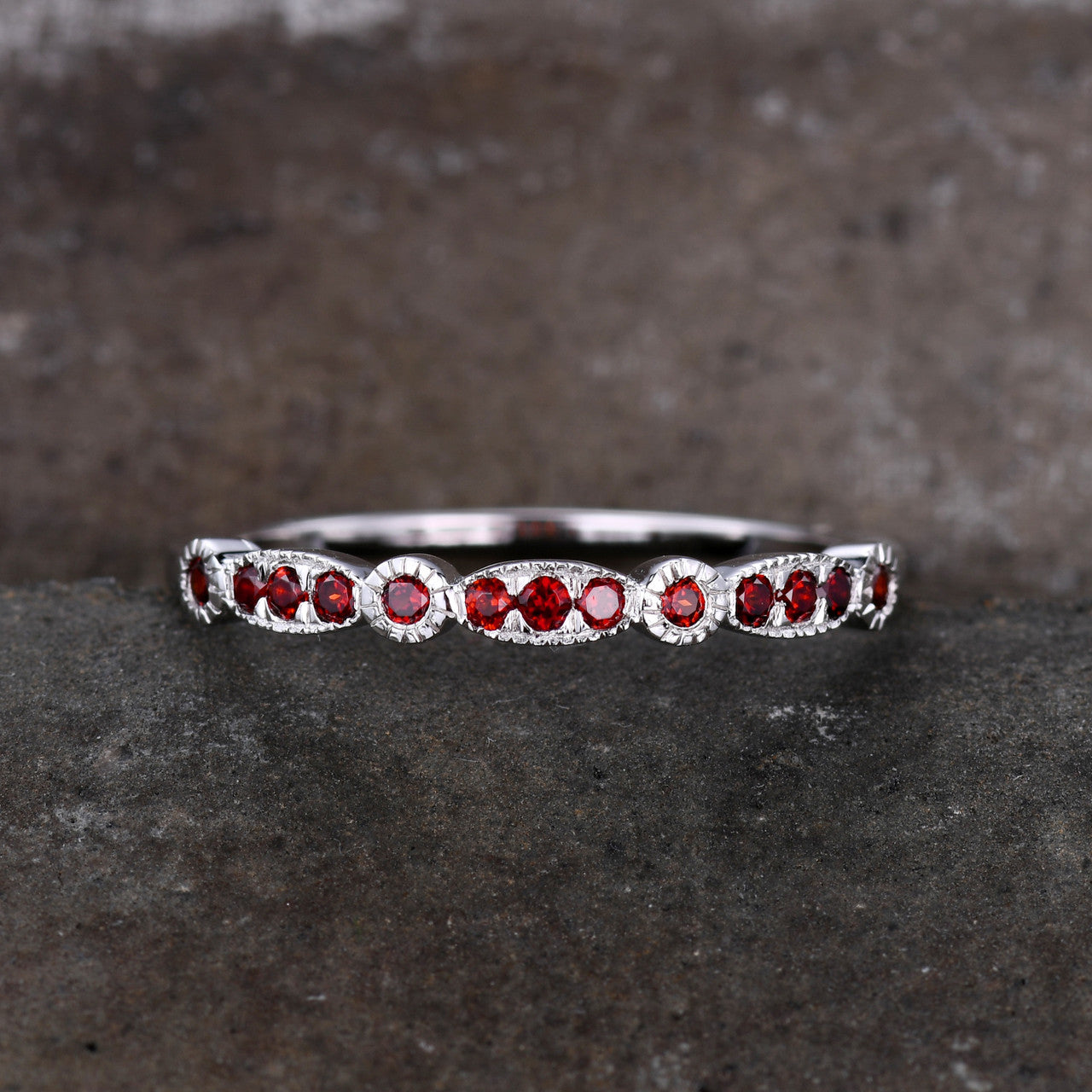 White Gold Garnet Wedding Band - Half Eternity Stackable Ring for Women | Perfect for Bridal Sets, Anniversary Gifts & Everyday Elegant Jewelry